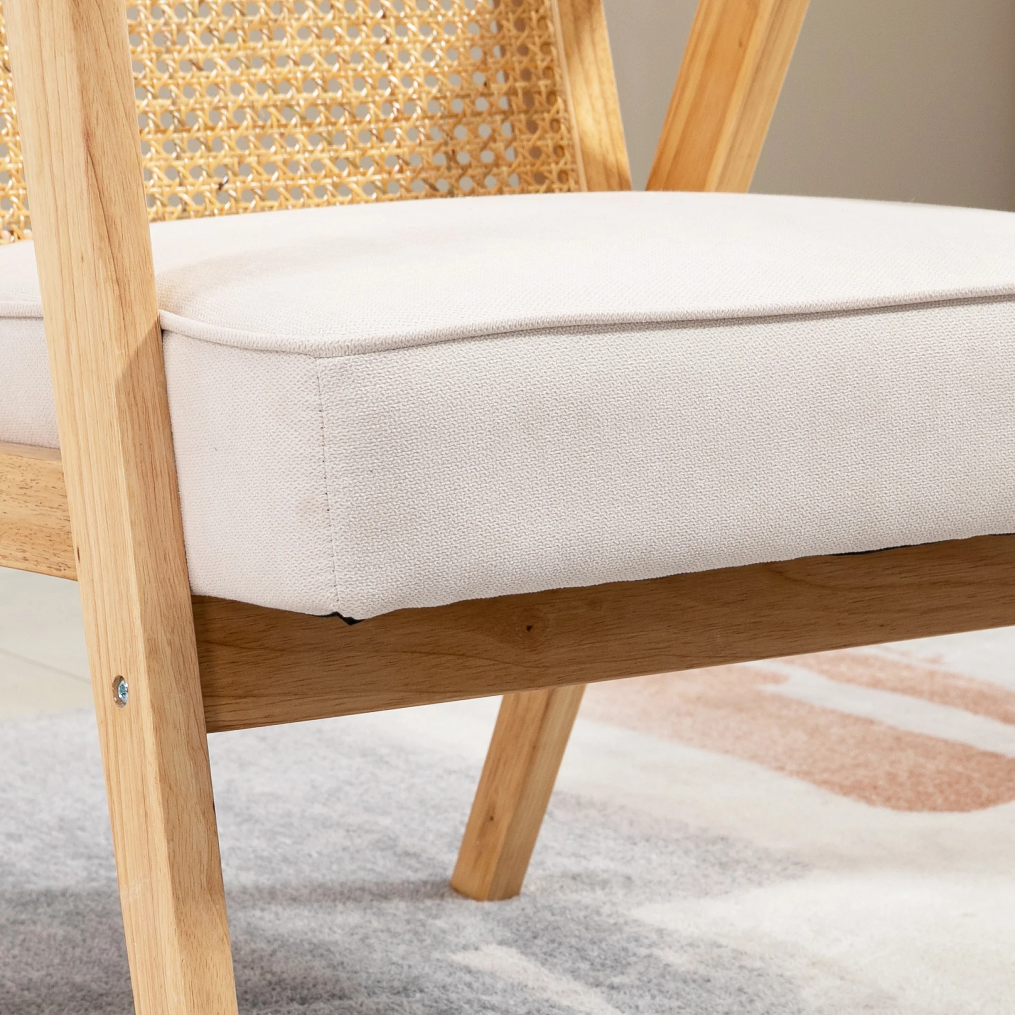 Fauteuil de salon confortable Chaise en Rotin avec Coussin épais- Dossier en cannage - Assise Profonde - Structure en Bois hévéa Aspect Lin Beige - Image 7