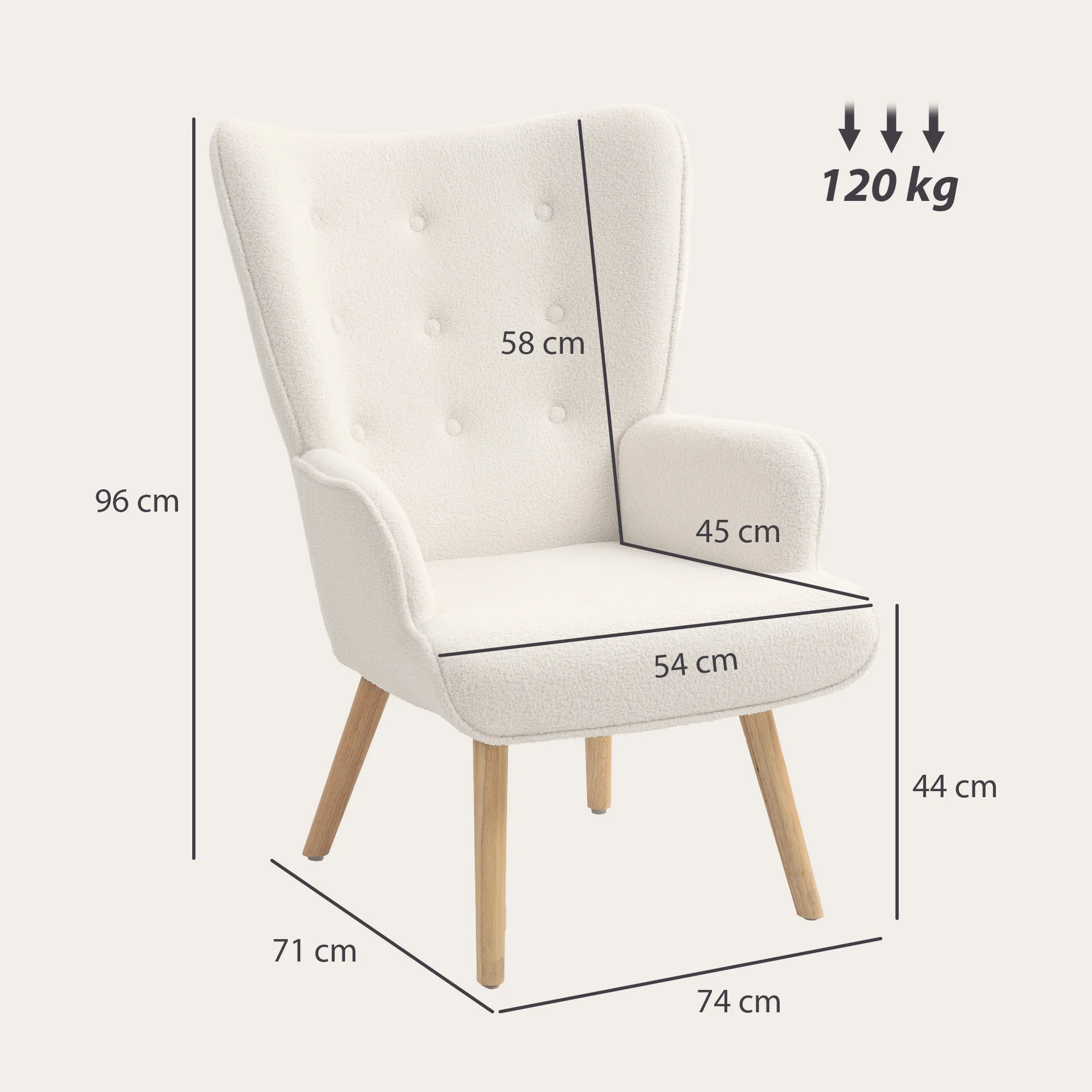 Fauteuil de salon en tissu bouclette, fauteuil moderne, capitonné et rembourré avec pieds en bois, accoudoirs et dossier ergonomique, pour salle à manger, salon, chambre, bureau, beige - Image 4