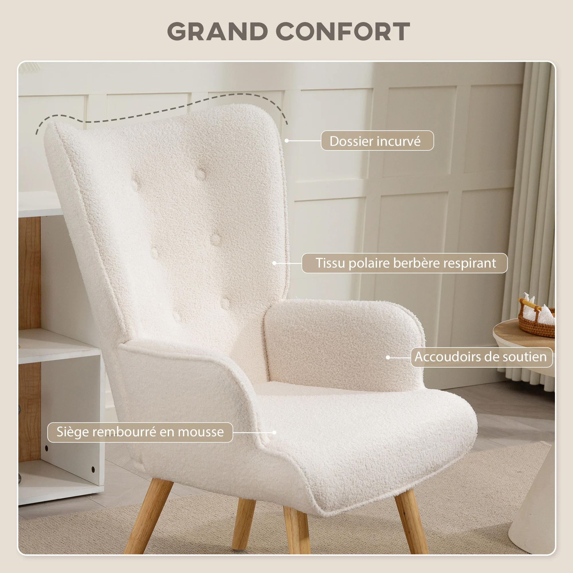 Fauteuil de salon en tissu bouclette, fauteuil moderne, capitonné et rembourré avec pieds en bois, accoudoirs et dossier ergonomique, pour salle à manger, salon, chambre, bureau, beige - Image 6