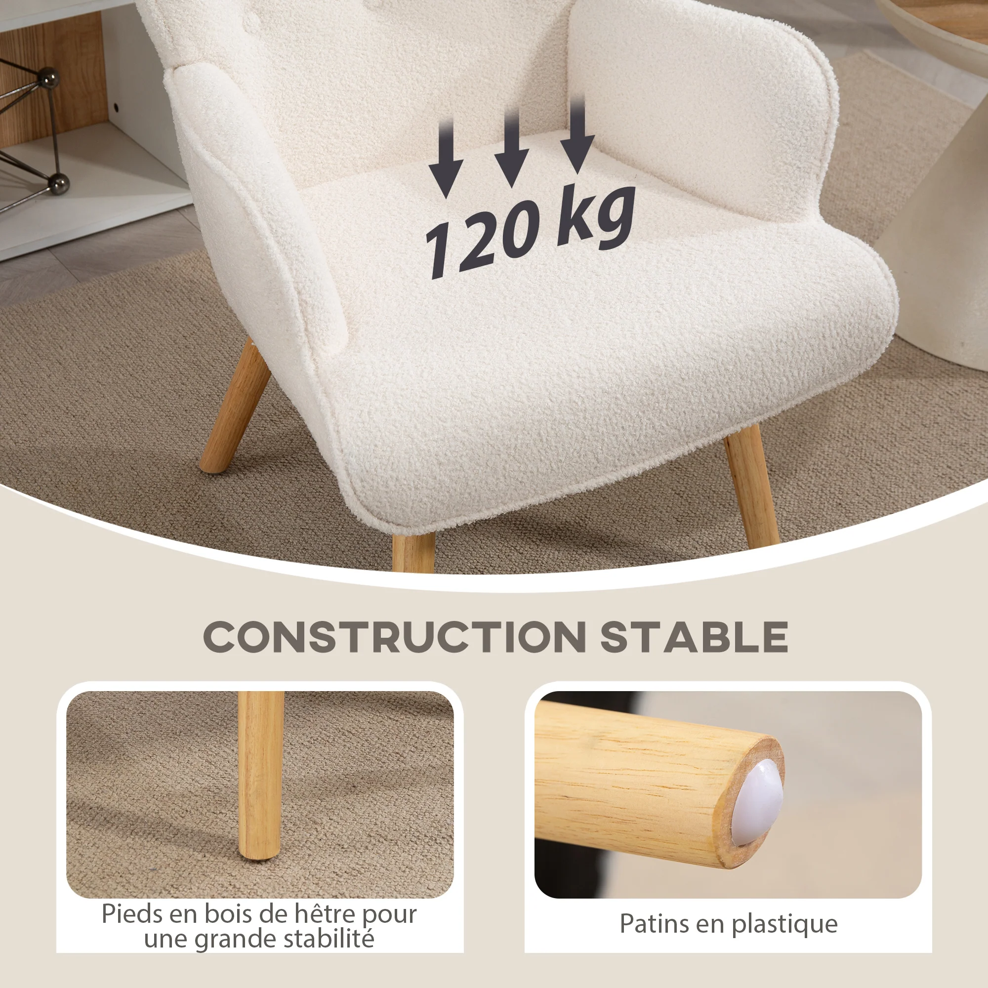 Fauteuil de salon en tissu bouclette, fauteuil moderne, capitonné et rembourré avec pieds en bois, accoudoirs et dossier ergonomique, pour salle à manger, salon, chambre, bureau, beige - Image 7