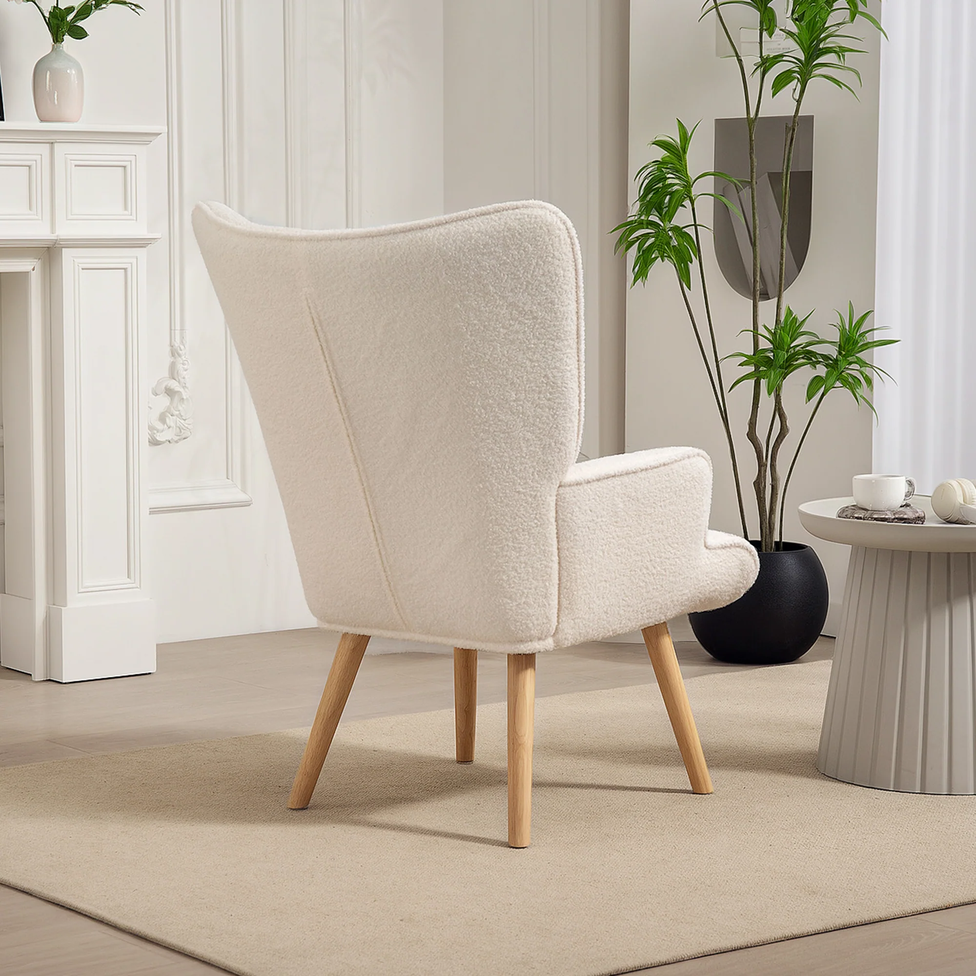 Fauteuil de salon en tissu bouclette, fauteuil moderne, capitonné et rembourré avec pieds en bois, accoudoirs et dossier ergonomique, pour salle à manger, salon, chambre, bureau, beige - Image 9