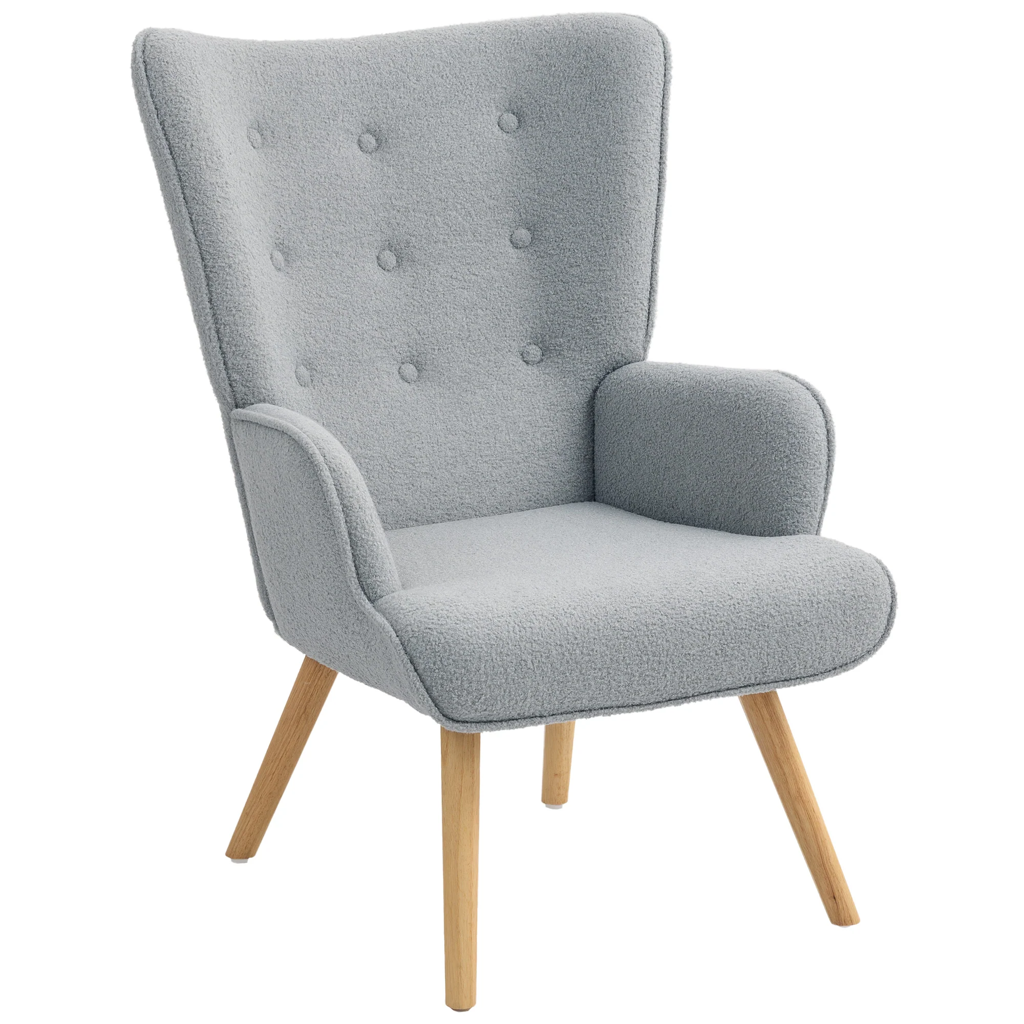 Fauteuil de salon en tissu bouclette, fauteuil moderne, capitonné et rembourré avec pieds en bois, accoudoirs et dossier ergonomique, pour salle à manger, salon, chambre, bureau, gris clair - Image 11