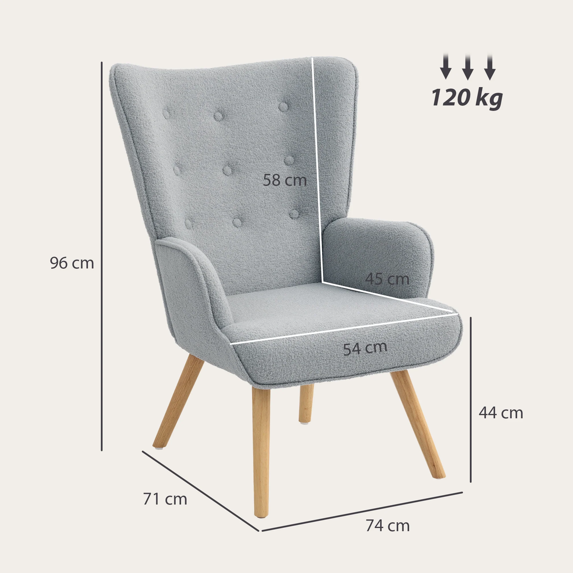 Fauteuil de salon en tissu bouclette, fauteuil moderne, capitonné et rembourré avec pieds en bois, accoudoirs et dossier ergonomique, pour salle à manger, salon, chambre, bureau, gris clair - Image 4