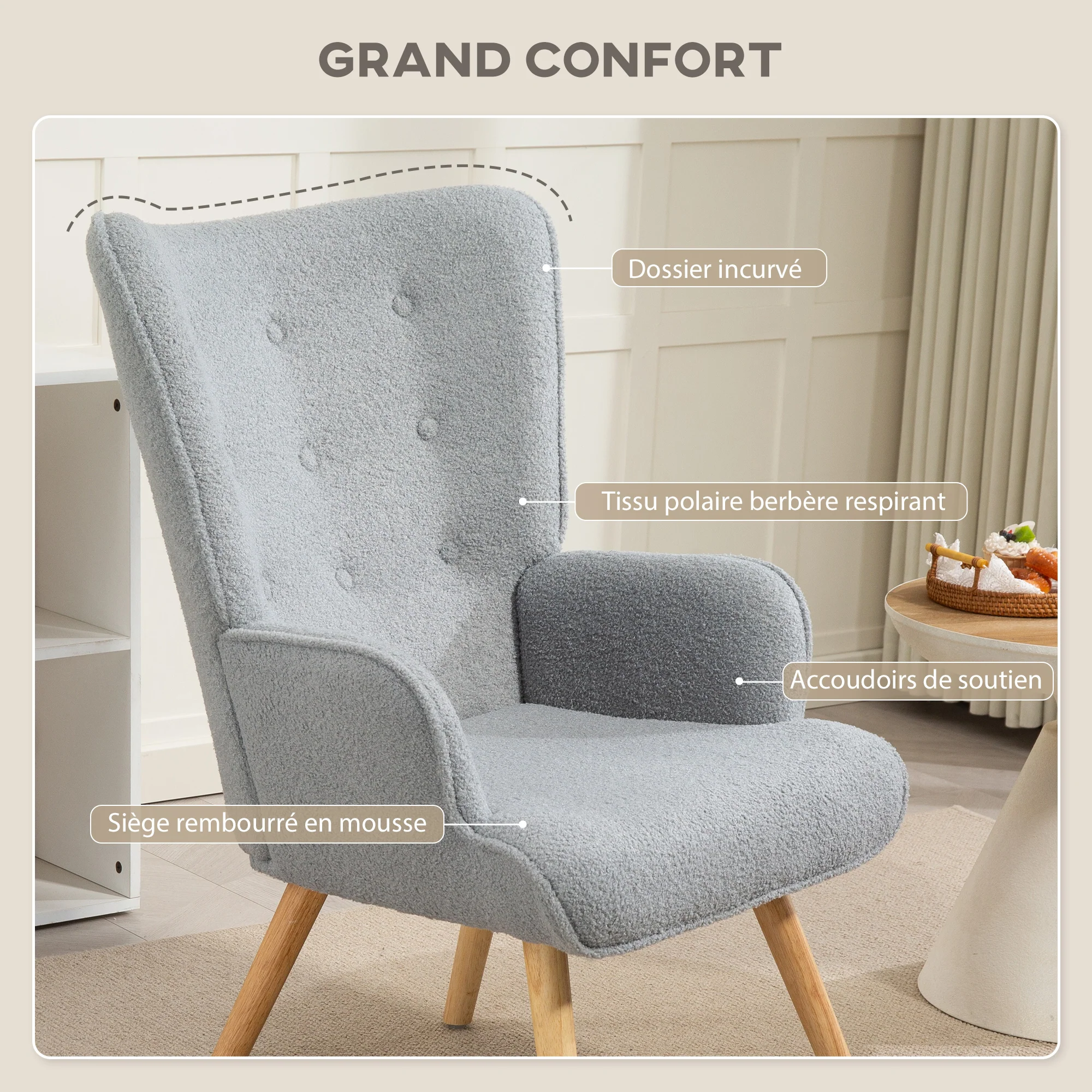 Fauteuil de salon en tissu bouclette, fauteuil moderne, capitonné et rembourré avec pieds en bois, accoudoirs et dossier ergonomique, pour salle à manger, salon, chambre, bureau, gris clair - Image 6