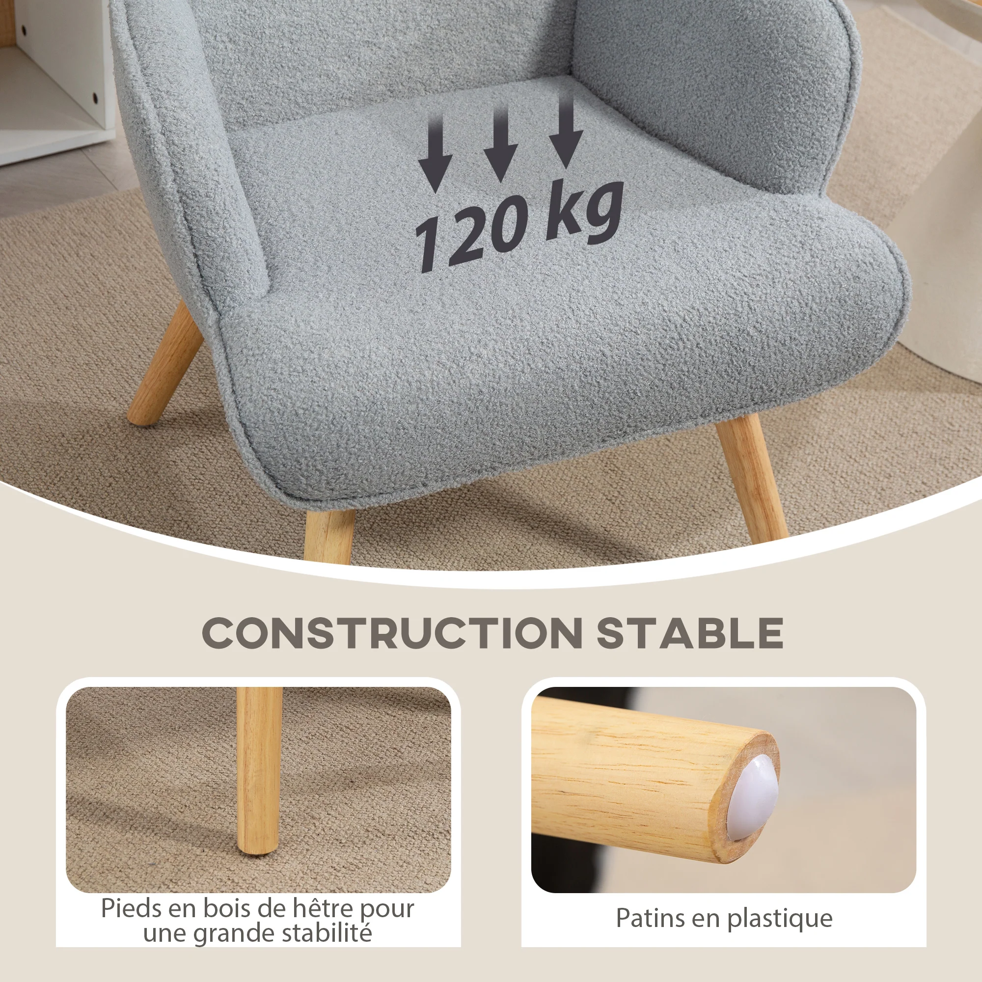 Fauteuil de salon en tissu bouclette, fauteuil moderne, capitonné et rembourré avec pieds en bois, accoudoirs et dossier ergonomique, pour salle à manger, salon, chambre, bureau, gris clair - Image 7