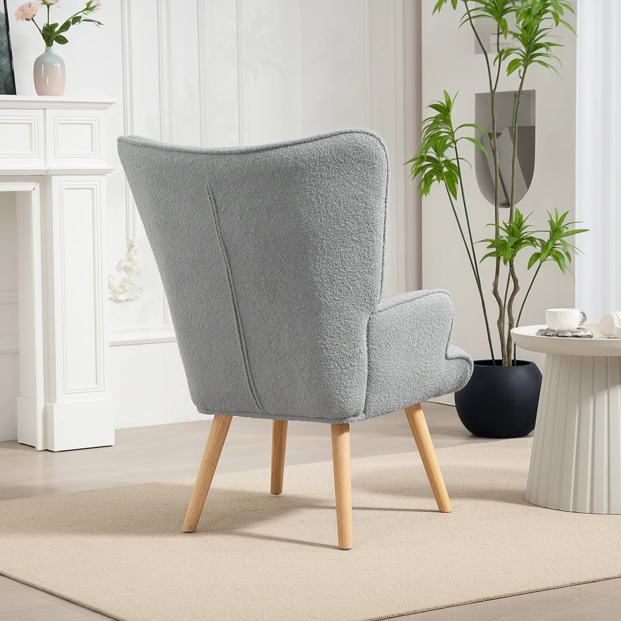 Fauteuil de salon en tissu bouclette, fauteuil moderne, capitonné et rembourré avec pieds en bois, accoudoirs et dossier ergonomique, pour salle à manger, salon, chambre, bureau, gris clair - Image 9