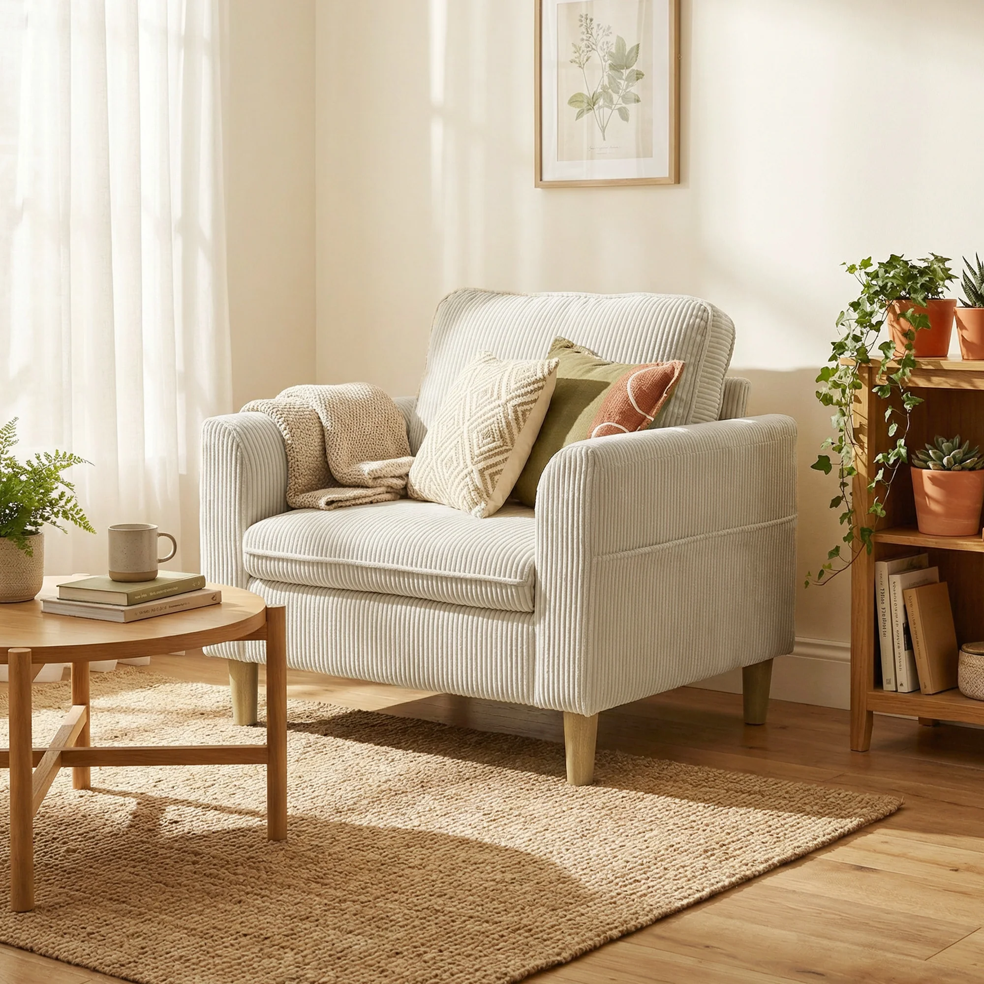 Fauteuil de salon en velours c?telé, canapé 1 place rembourré avec assise large et coussin à ressorts, style moderne, pour chambre, salon, petit espace, beige - Image 11