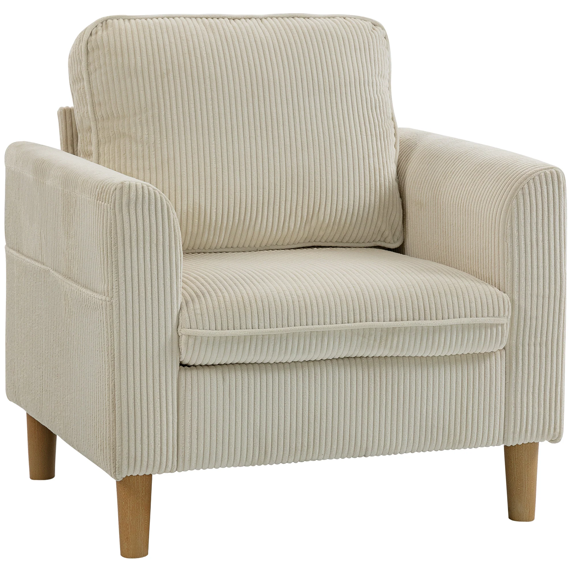 Fauteuil de salon en velours c?telé, canapé 1 place rembourré avec assise large et coussin à ressorts, style moderne, pour chambre, salon, petit espace, beige - Image 12