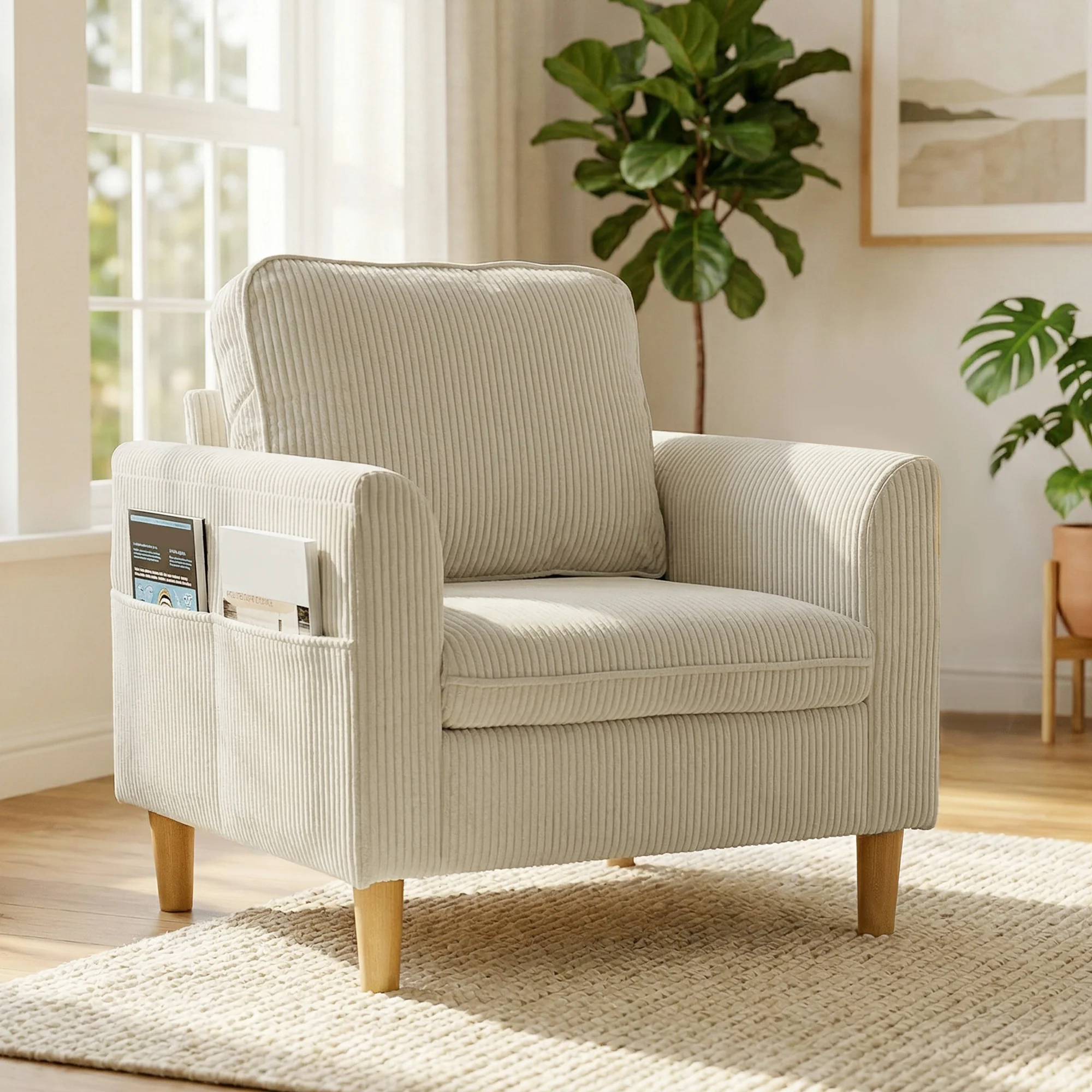 Fauteuil de salon en velours c?telé, canapé 1 place rembourré avec assise large et coussin à ressorts, style moderne, pour chambre, salon, petit espace, beige - Image 3