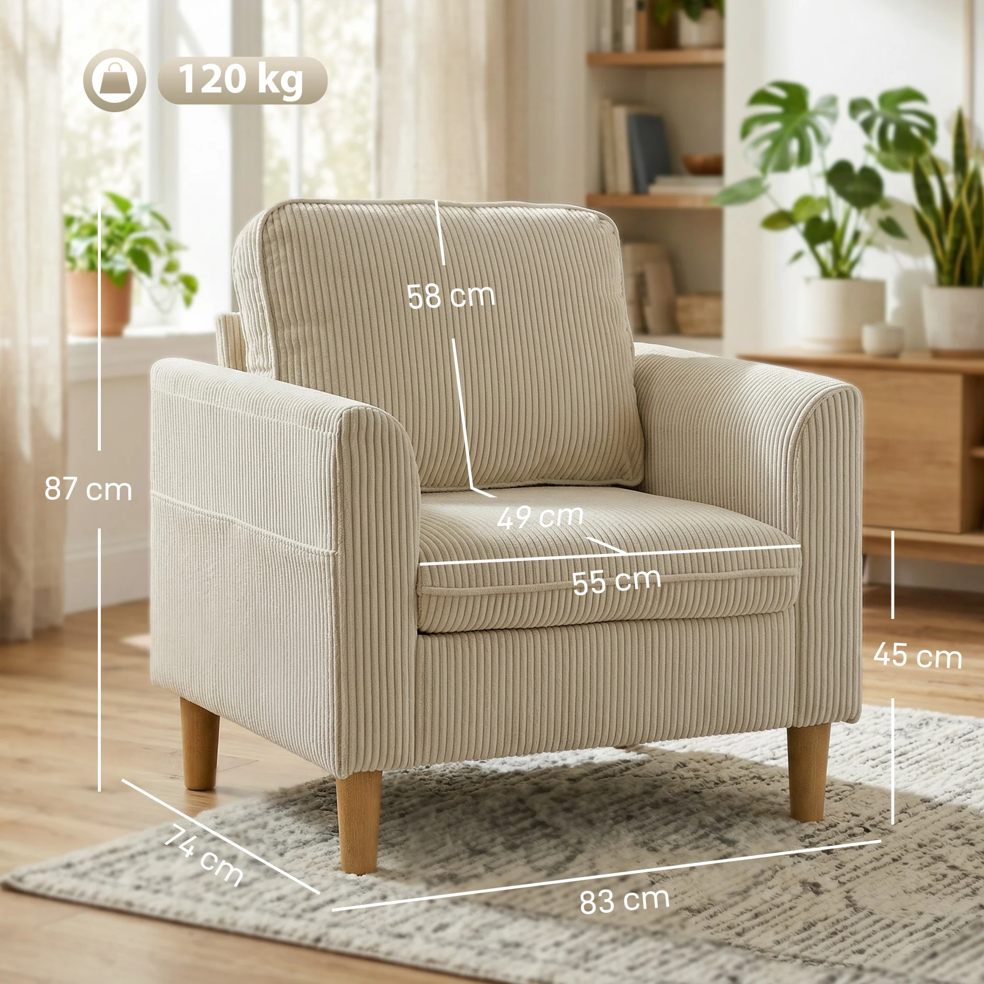 Fauteuil de salon en velours c?telé, canapé 1 place rembourré avec assise large et coussin à ressorts, style moderne, pour chambre, salon, petit espace, beige - Image 4