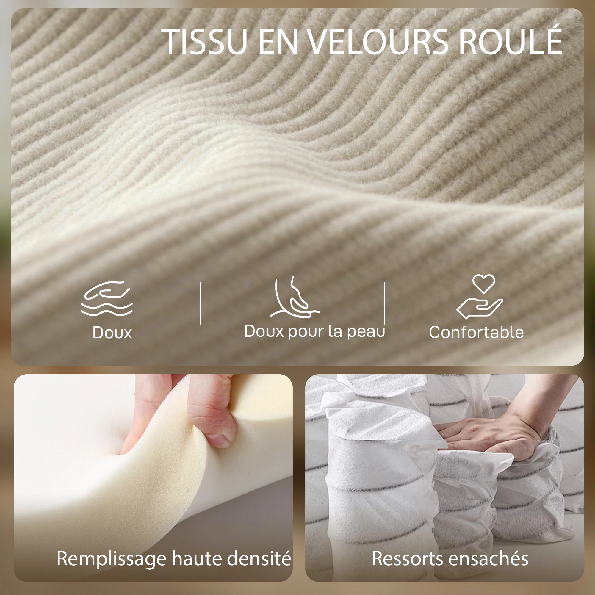 Fauteuil de salon en velours c?telé, canapé 1 place rembourré avec assise large et coussin à ressorts, style moderne, pour chambre, salon, petit espace, beige - Image 5