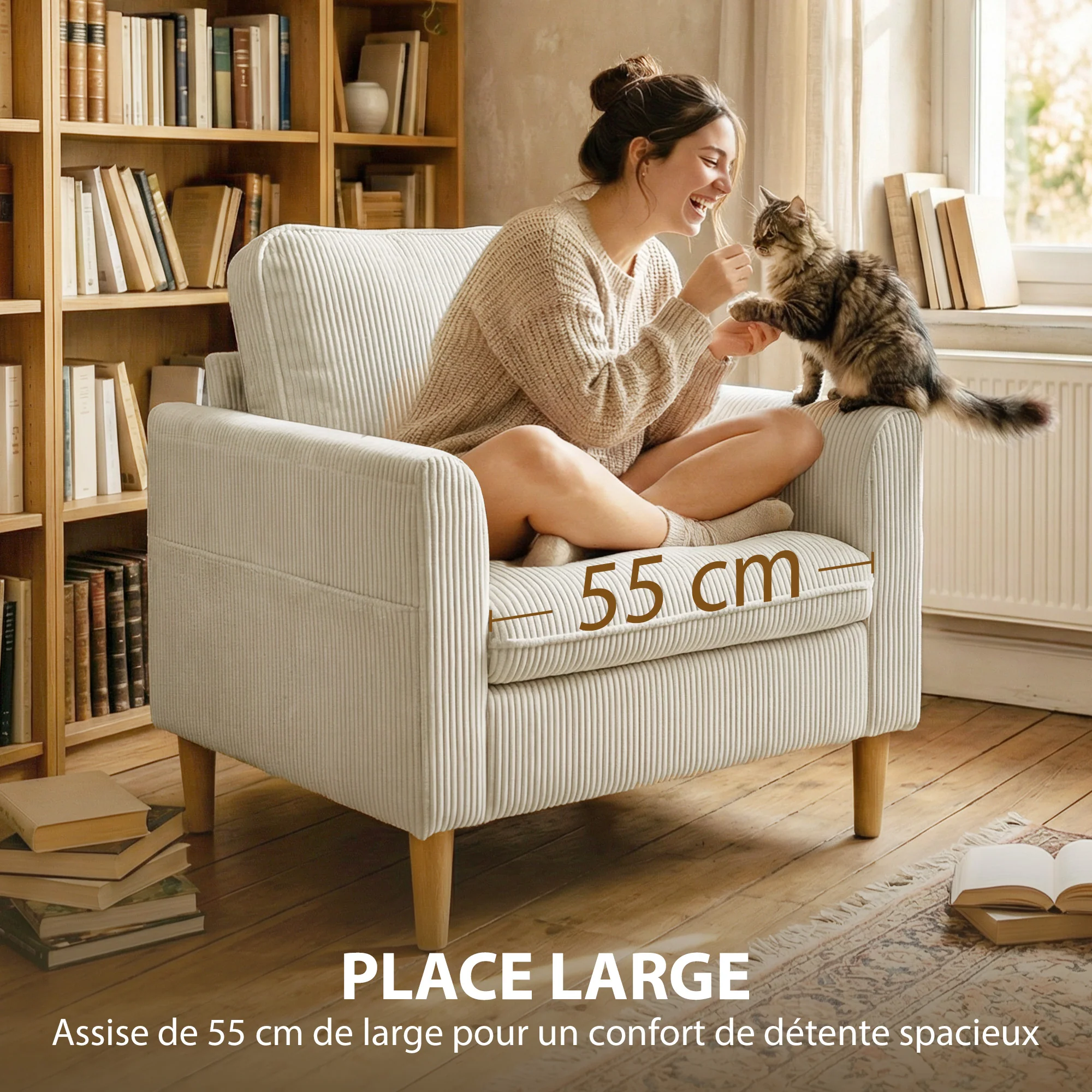 Fauteuil de salon en velours c?telé, canapé 1 place rembourré avec assise large et coussin à ressorts, style moderne, pour chambre, salon, petit espace, beige - Image 6