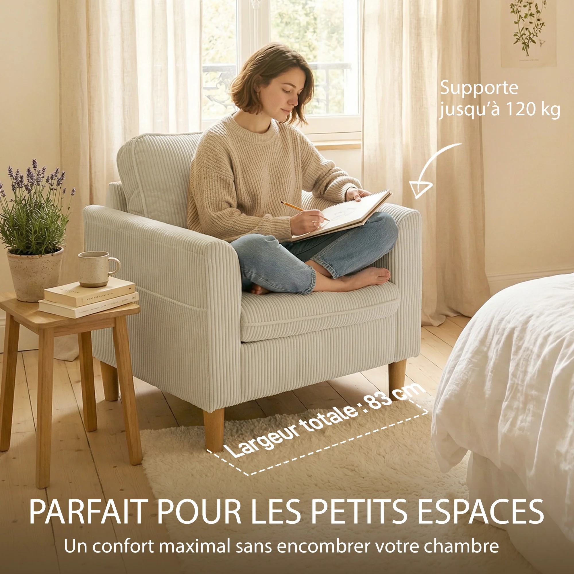 Fauteuil de salon en velours c?telé, canapé 1 place rembourré avec assise large et coussin à ressorts, style moderne, pour chambre, salon, petit espace, beige - Image 7