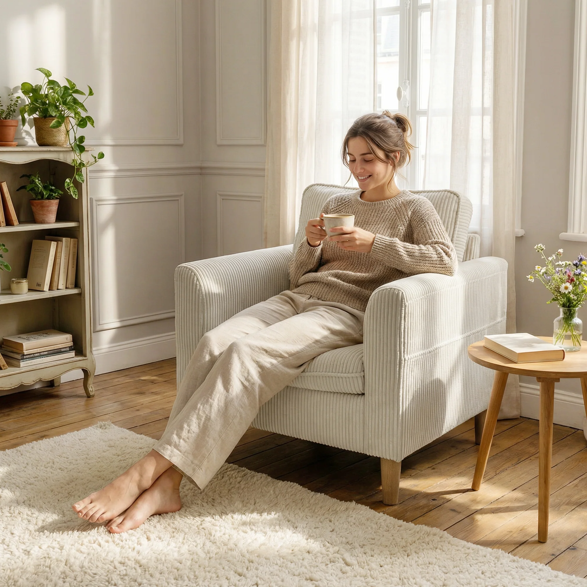 Fauteuil de salon en velours c?telé, canapé 1 place rembourré avec assise large et coussin à ressorts, style moderne, pour chambre, salon, petit espace, beige - Image 8