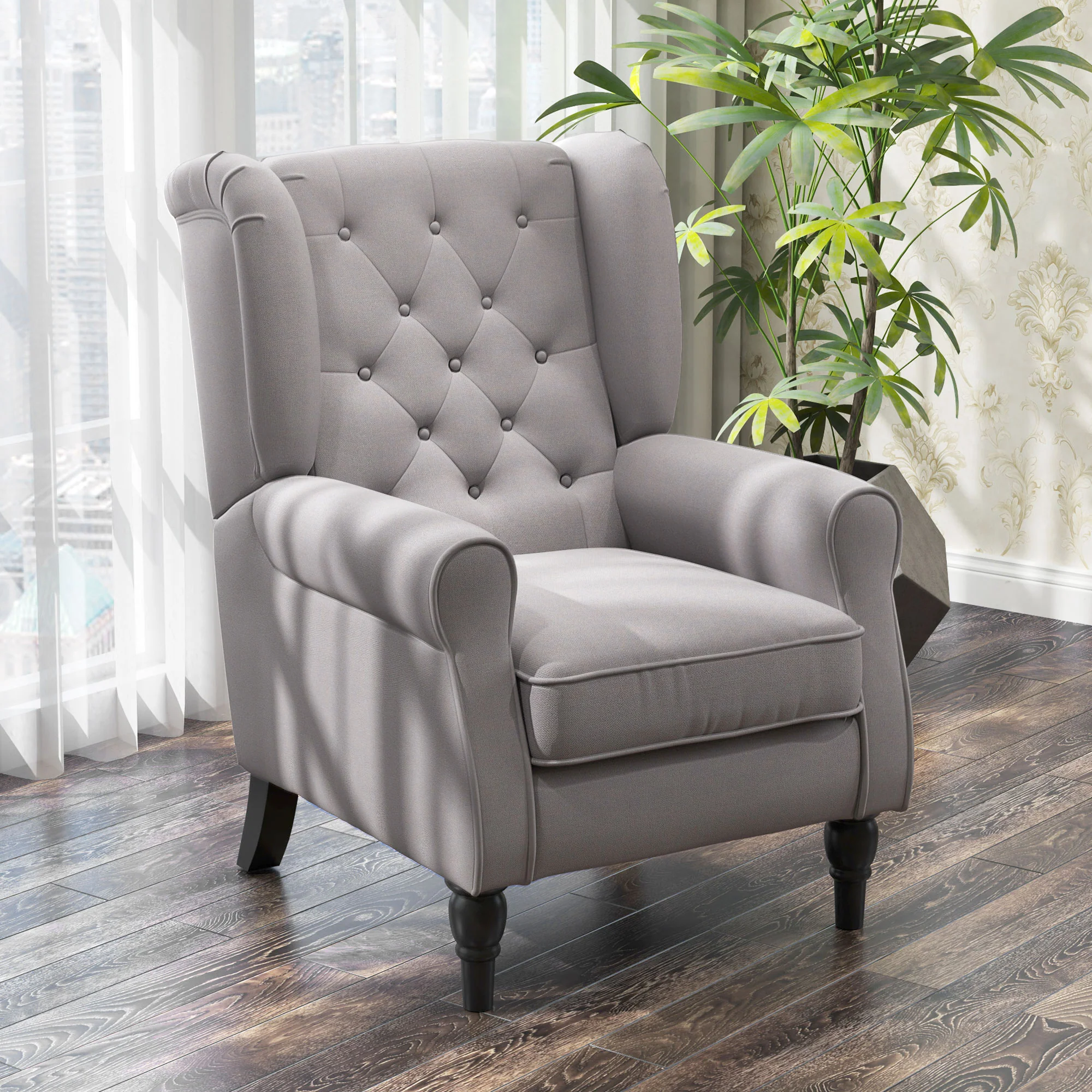 Fauteuil de salon fauteuil capitonné avec assise large, pieds en bois, style classique, grand confort, 74 x 86 x 102 cm, gris - Image 3
