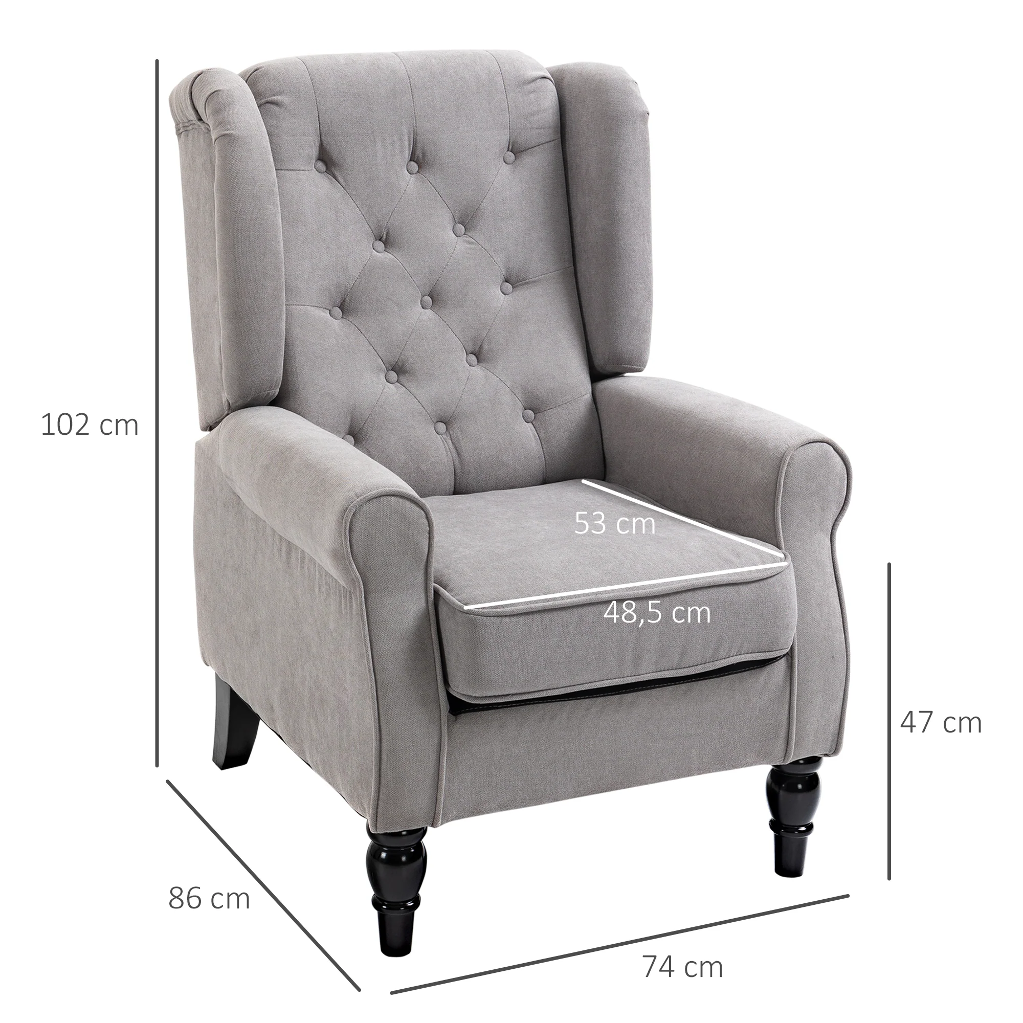 Fauteuil de salon fauteuil capitonné avec assise large, pieds en bois, style classique, grand confort, 74 x 86 x 102 cm, gris - Image 4