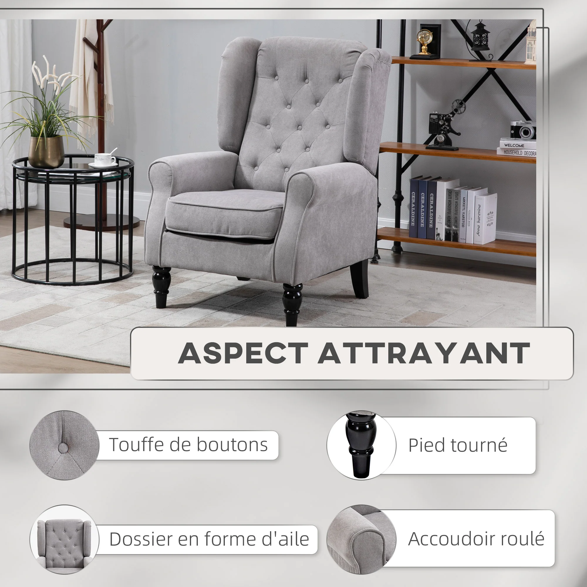 Fauteuil de salon fauteuil capitonné avec assise large, pieds en bois, style classique, grand confort, 74 x 86 x 102 cm, gris - Image 5