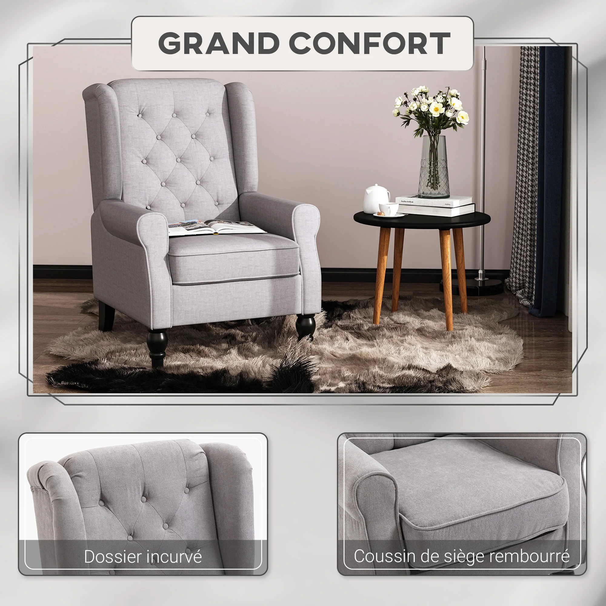 Fauteuil de salon fauteuil capitonné avec assise large, pieds en bois, style classique, grand confort, 74 x 86 x 102 cm, gris - Image 6