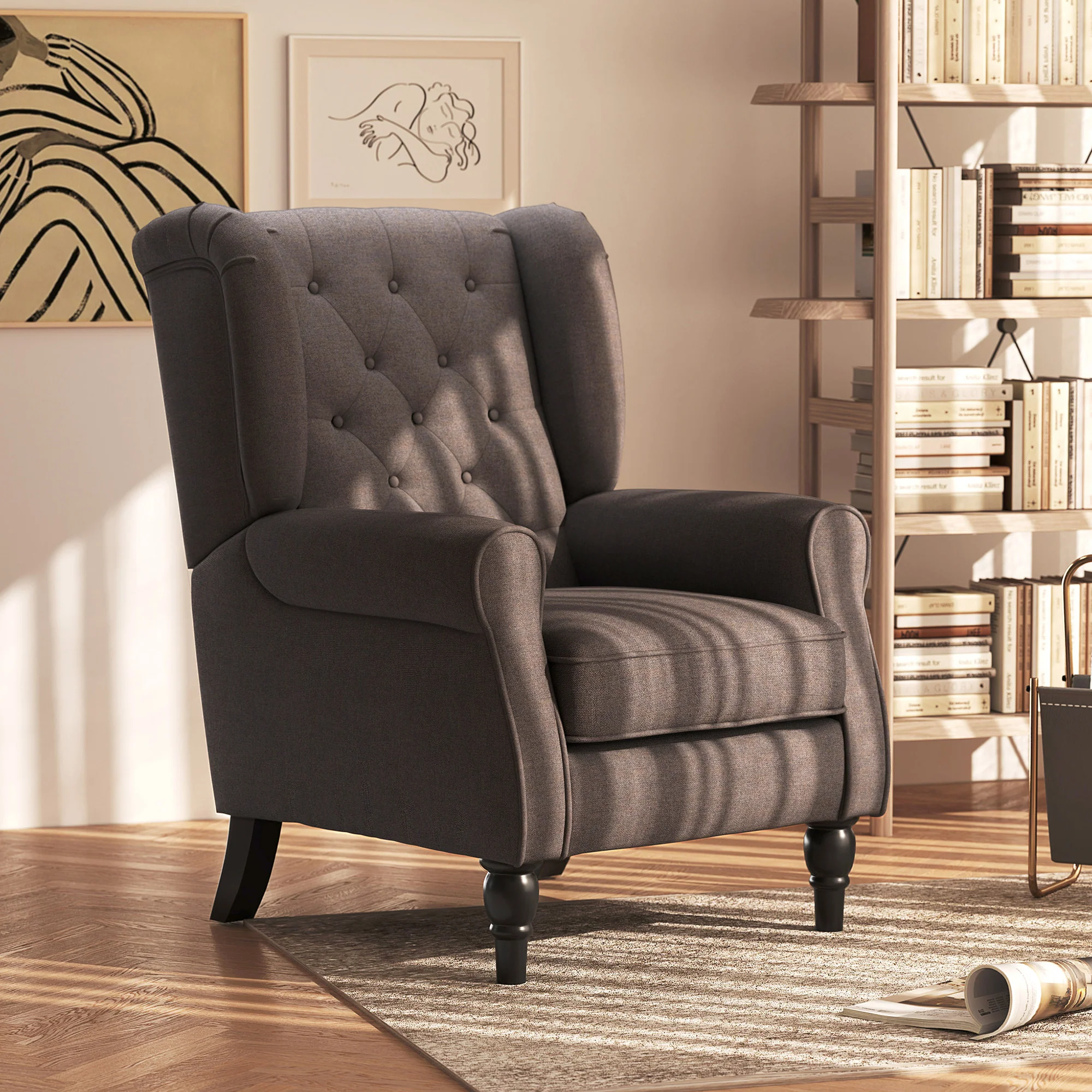 Fauteuil de salon, fauteuil capitonné avec pieds en bois, assise large, grand confort, style classique, 74 x 86 x 102 cm, marron - Image 3