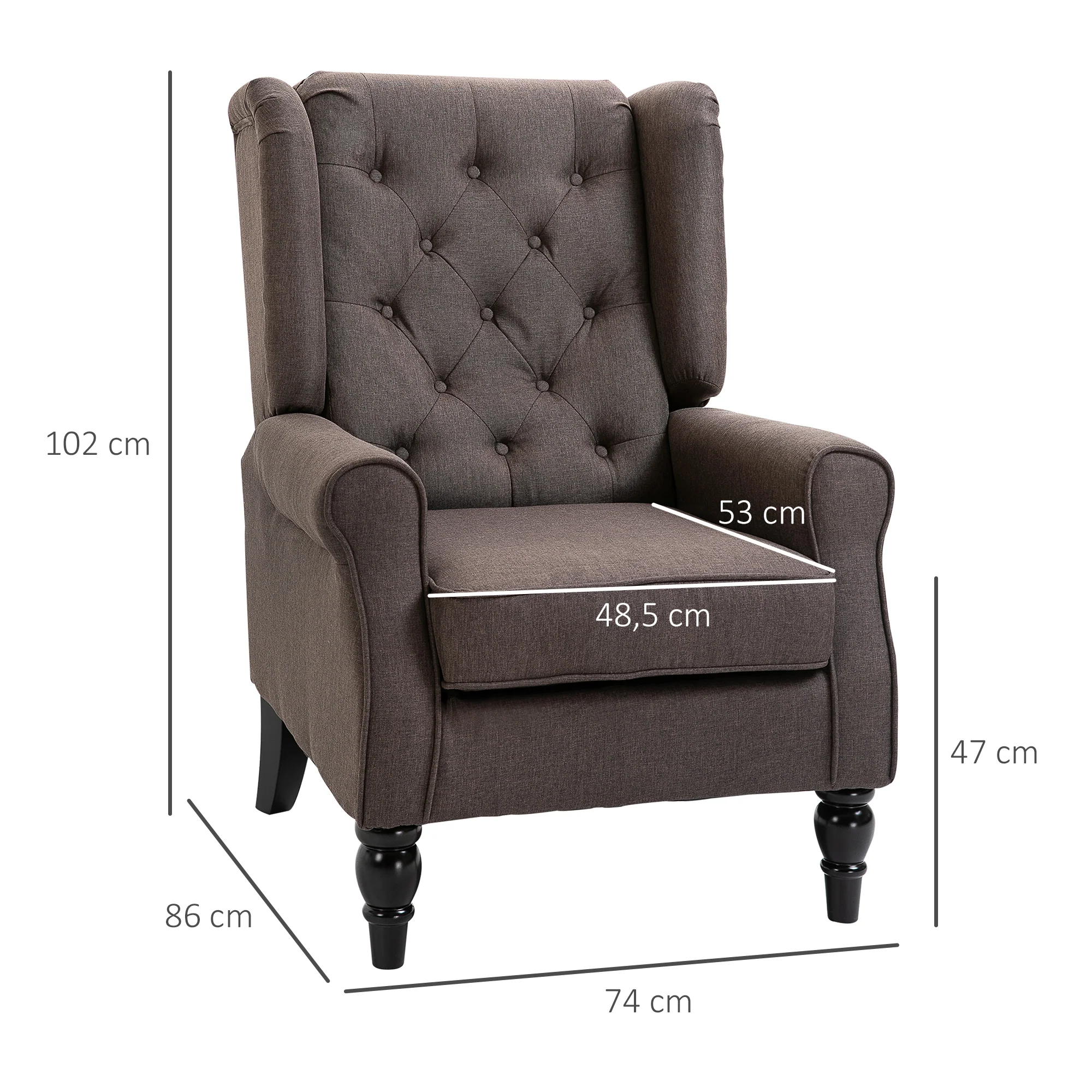 Fauteuil de salon, fauteuil capitonné avec pieds en bois, assise large, grand confort, style classique, 74 x 86 x 102 cm, marron - Image 4