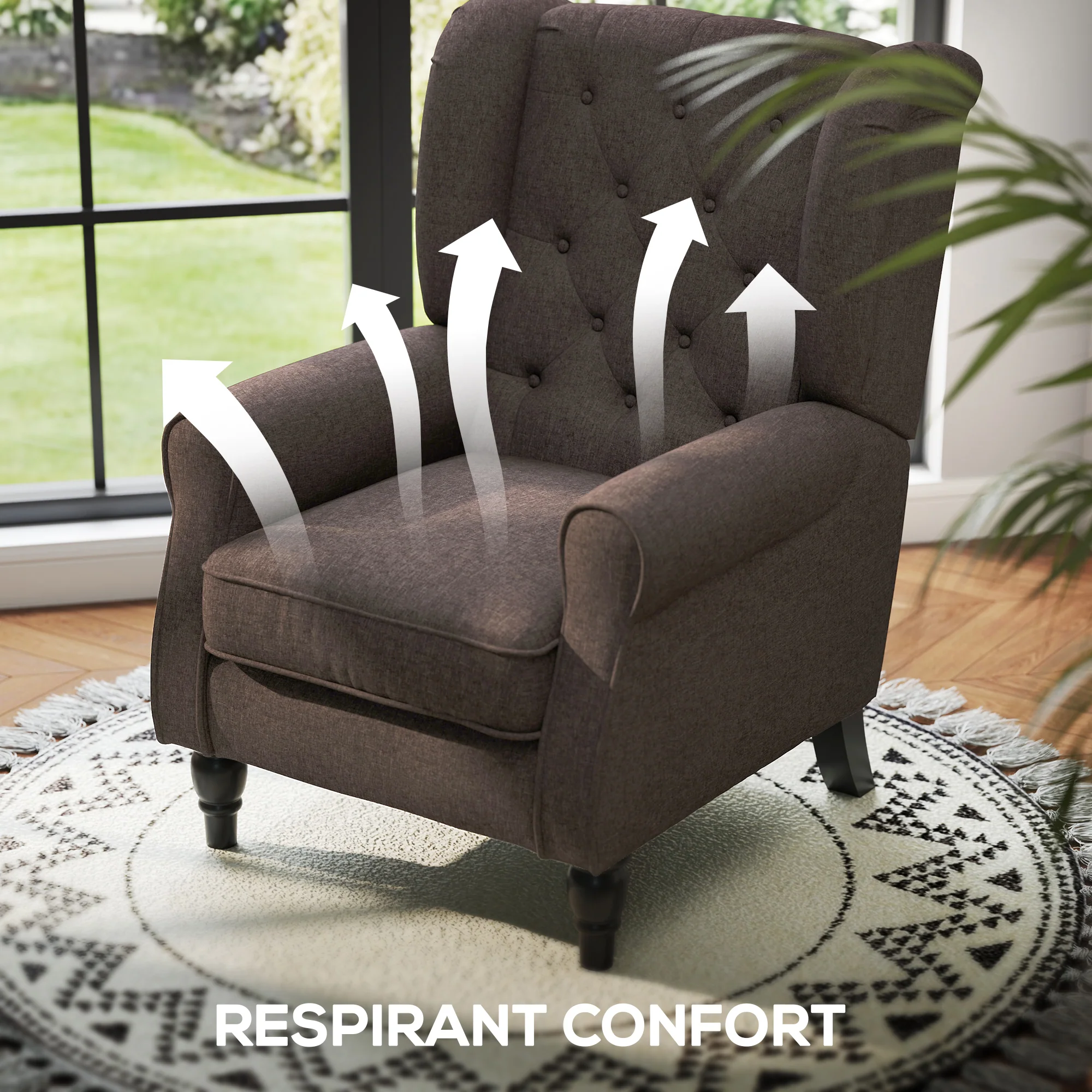 Fauteuil de salon, fauteuil capitonné avec pieds en bois, assise large, grand confort, style classique, 74 x 86 x 102 cm, marron - Image 7