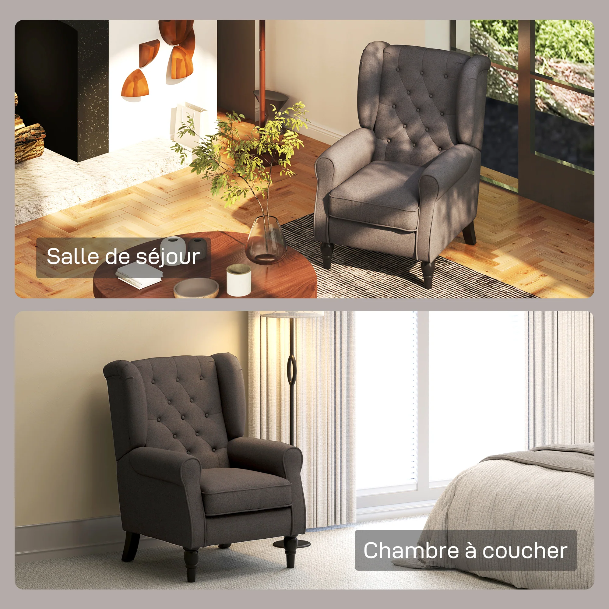 Fauteuil de salon, fauteuil capitonné avec pieds en bois, assise large, grand confort, style classique, 74 x 86 x 102 cm, marron - Image 9