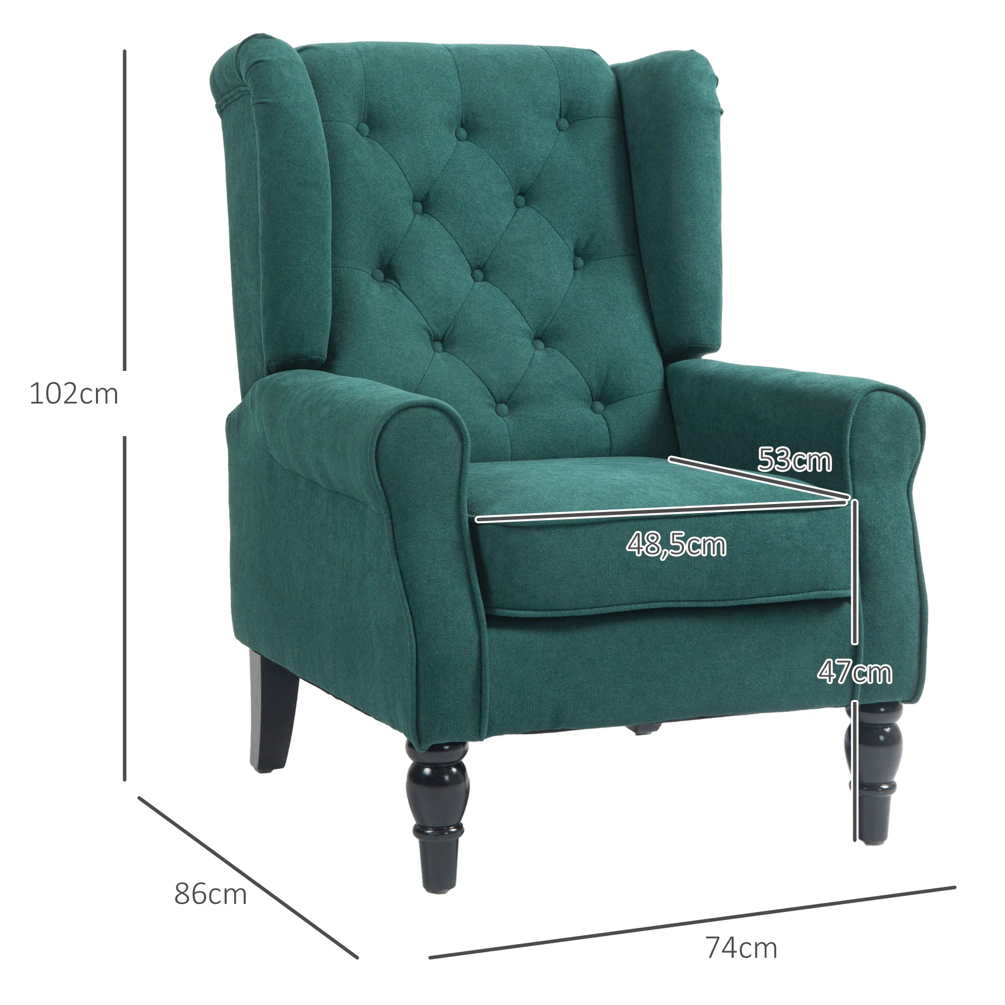 Fauteuil de salon, fauteuil capitonné avec pieds en bois, assise large, grand confort, style classique, 74 x 86 x 102 cm, vert - Image 4