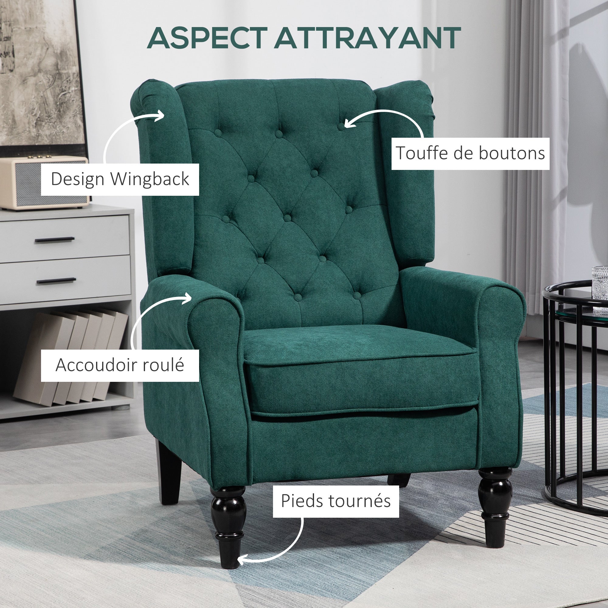 Fauteuil de salon, fauteuil capitonné avec pieds en bois, assise large, grand confort, style classique, 74 x 86 x 102 cm, vert - Image 5