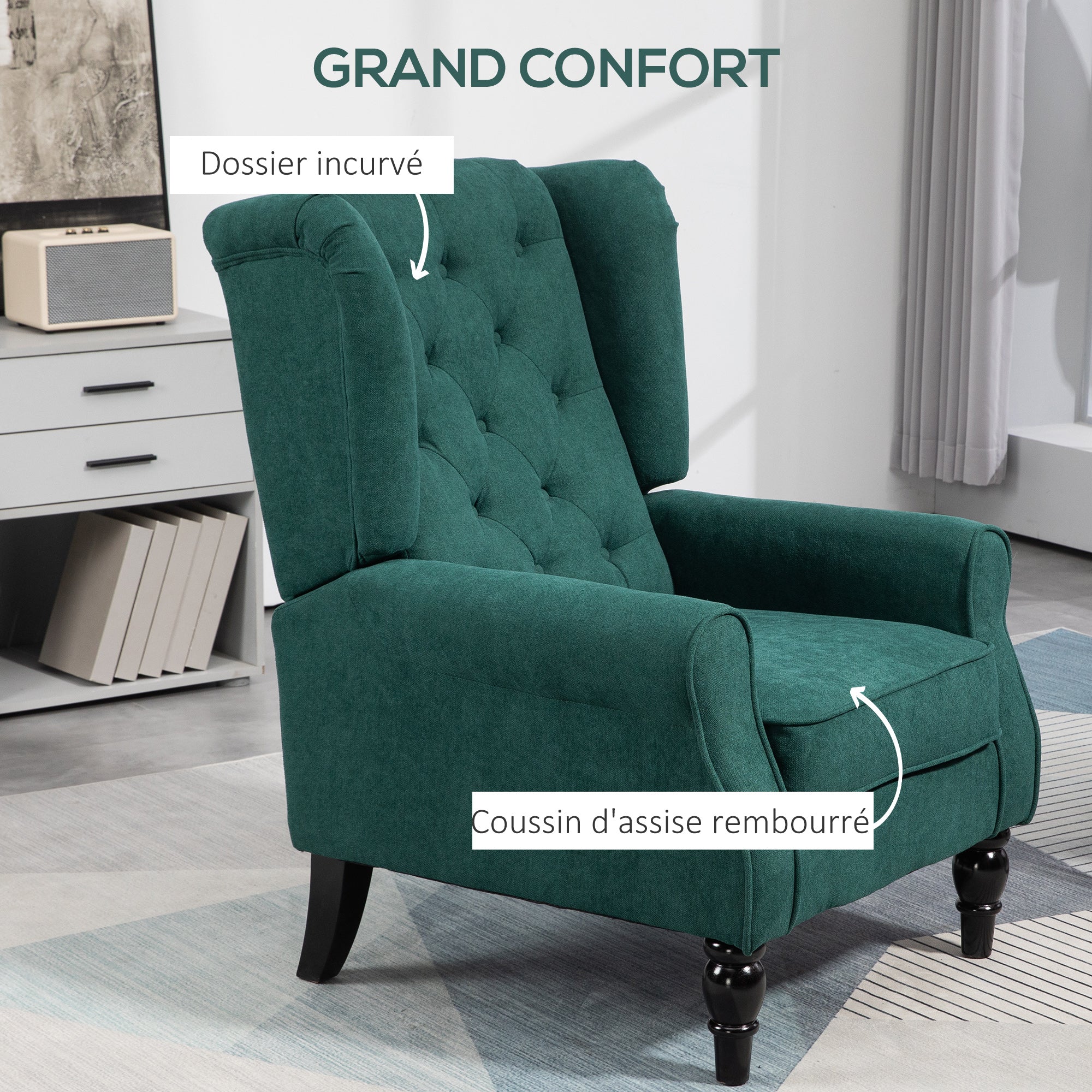 Fauteuil de salon, fauteuil capitonné avec pieds en bois, assise large, grand confort, style classique, 74 x 86 x 102 cm, vert - Image 6