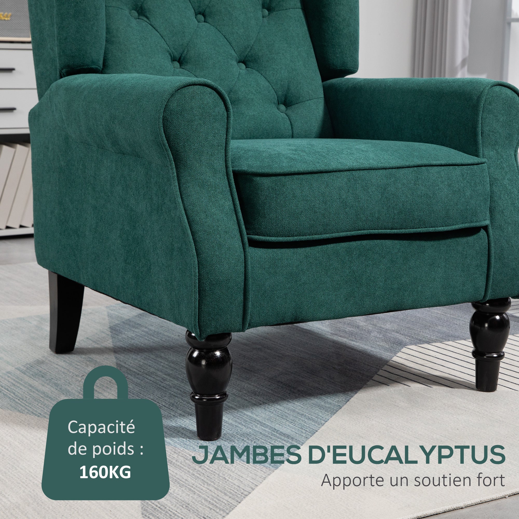 Fauteuil de salon, fauteuil capitonné avec pieds en bois, assise large, grand confort, style classique, 74 x 86 x 102 cm, vert - Image 7