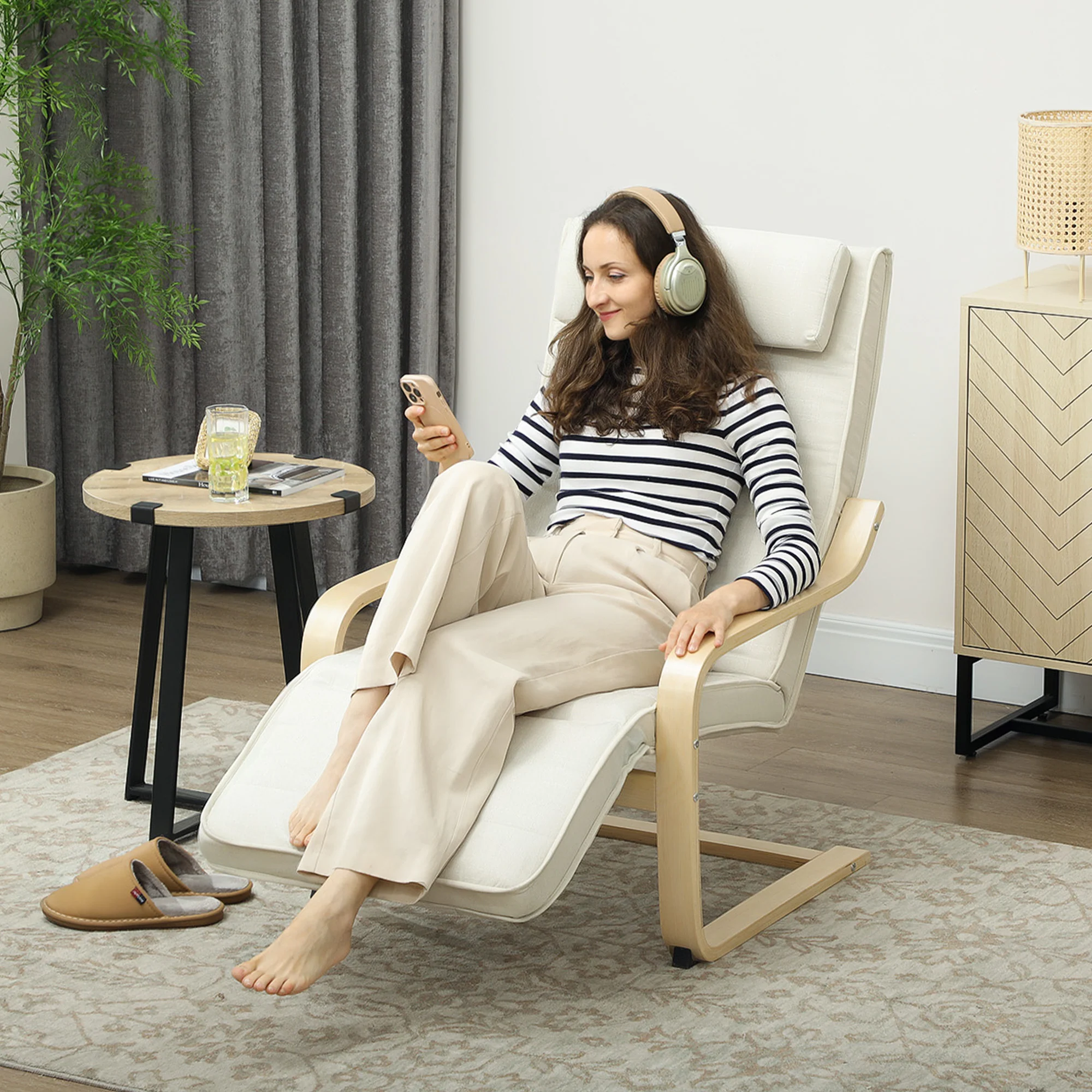 Fauteuil de salon, fauteuil relax massant et chauffant avec dossier haut, appui-tête, repose-pieds réglable, télécommande et poche latérale, tissu aspect lin, pour chambre salon, crème - Image 3