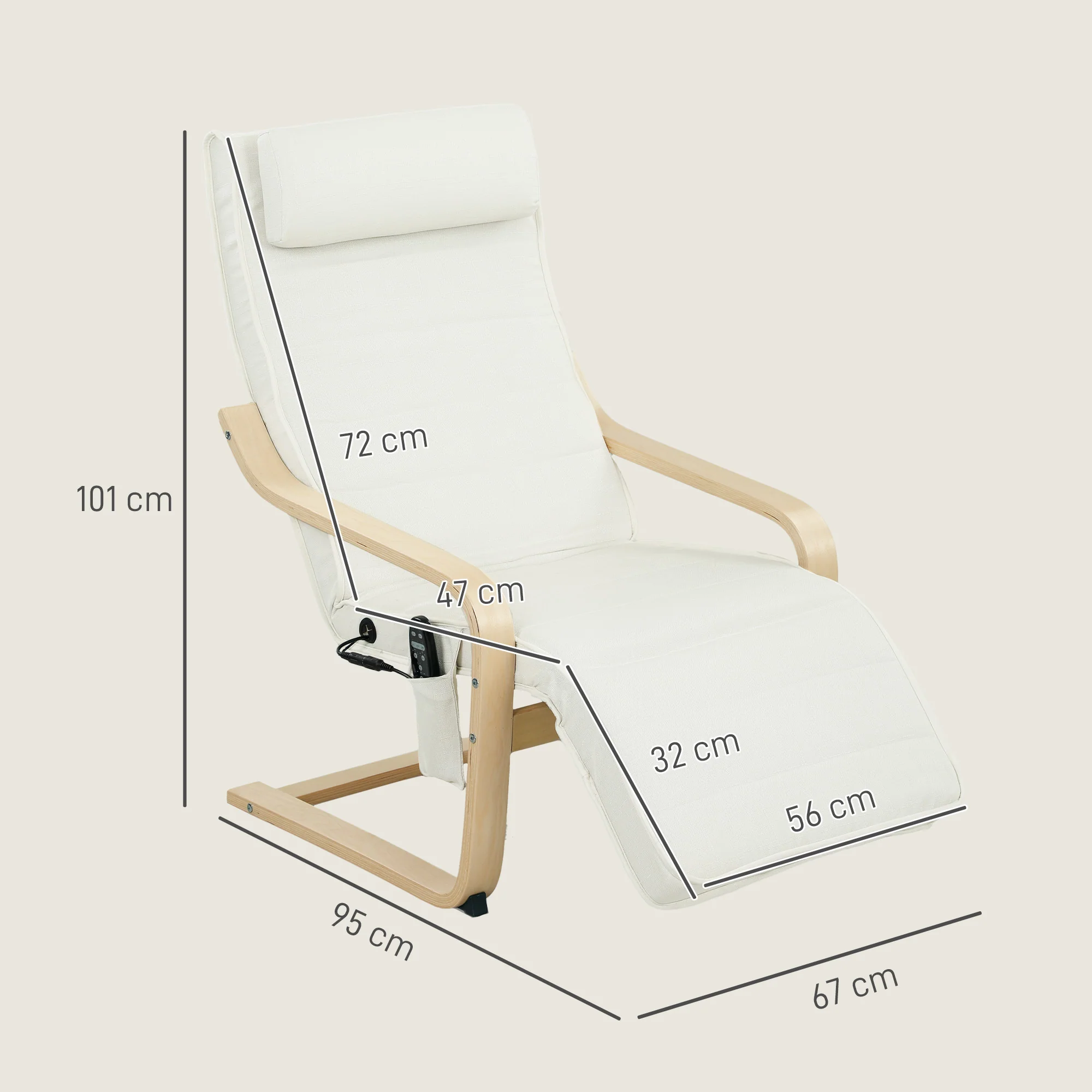 Fauteuil de salon, fauteuil relax massant et chauffant avec dossier haut, appui-tête, repose-pieds réglable, télécommande et poche latérale, tissu aspect lin, pour chambre salon, crème - Image 4