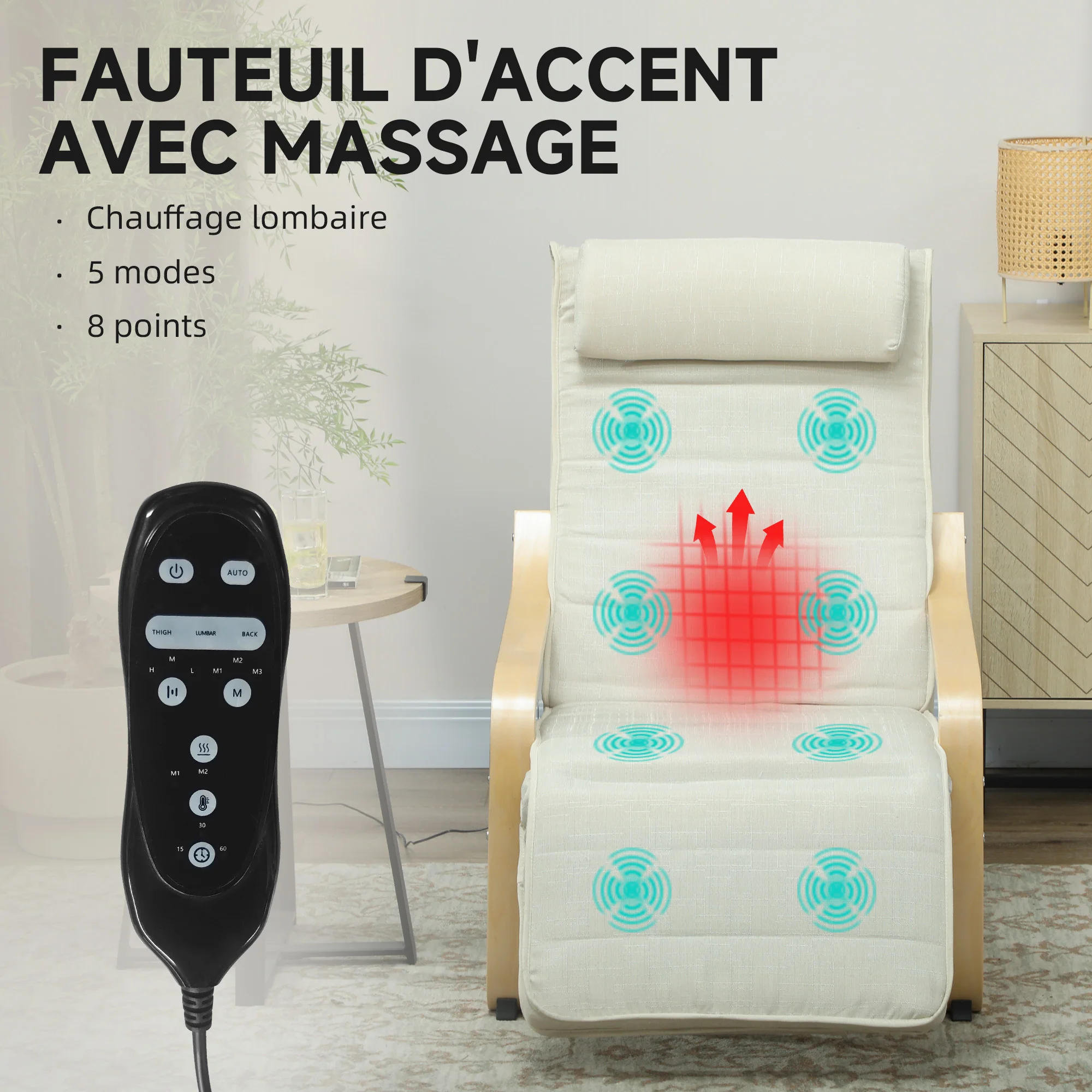 Fauteuil de salon, fauteuil relax massant et chauffant avec dossier haut, appui-tête, repose-pieds réglable, télécommande et poche latérale, tissu aspect lin, pour chambre salon, crème - Image 5