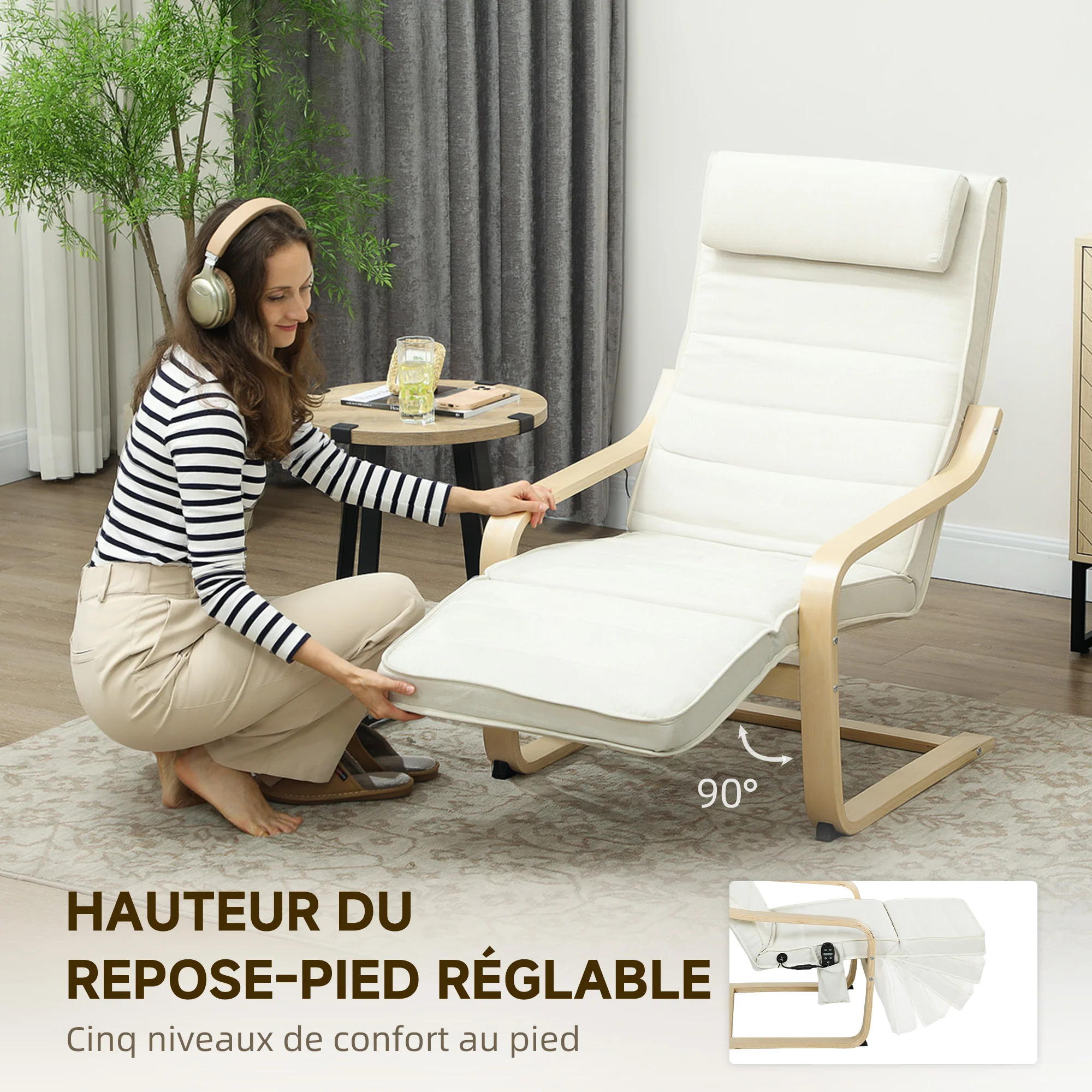 Fauteuil de salon, fauteuil relax massant et chauffant avec dossier haut, appui-tête, repose-pieds réglable, télécommande et poche latérale, tissu aspect lin, pour chambre salon, crème - Image 6