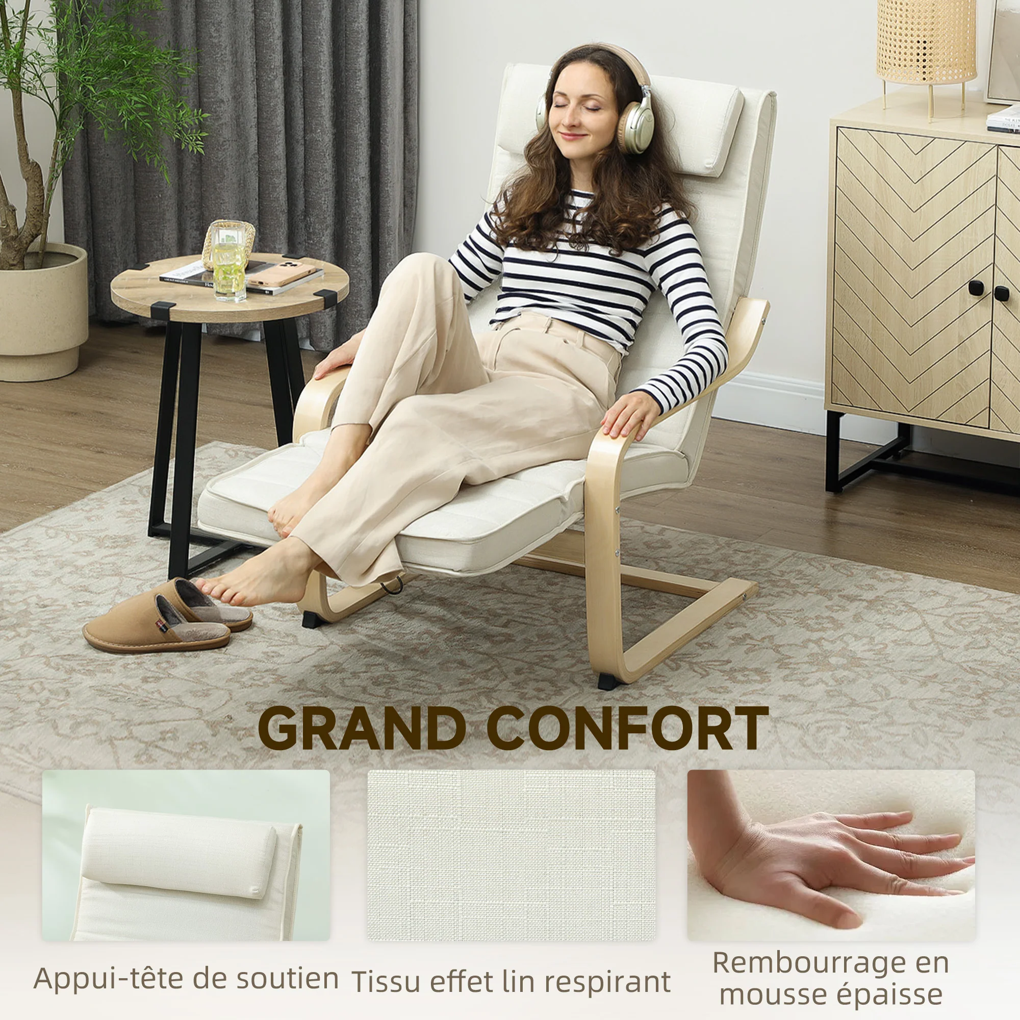 Fauteuil de salon, fauteuil relax massant et chauffant avec dossier haut, appui-tête, repose-pieds réglable, télécommande et poche latérale, tissu aspect lin, pour chambre salon, crème - Image 7