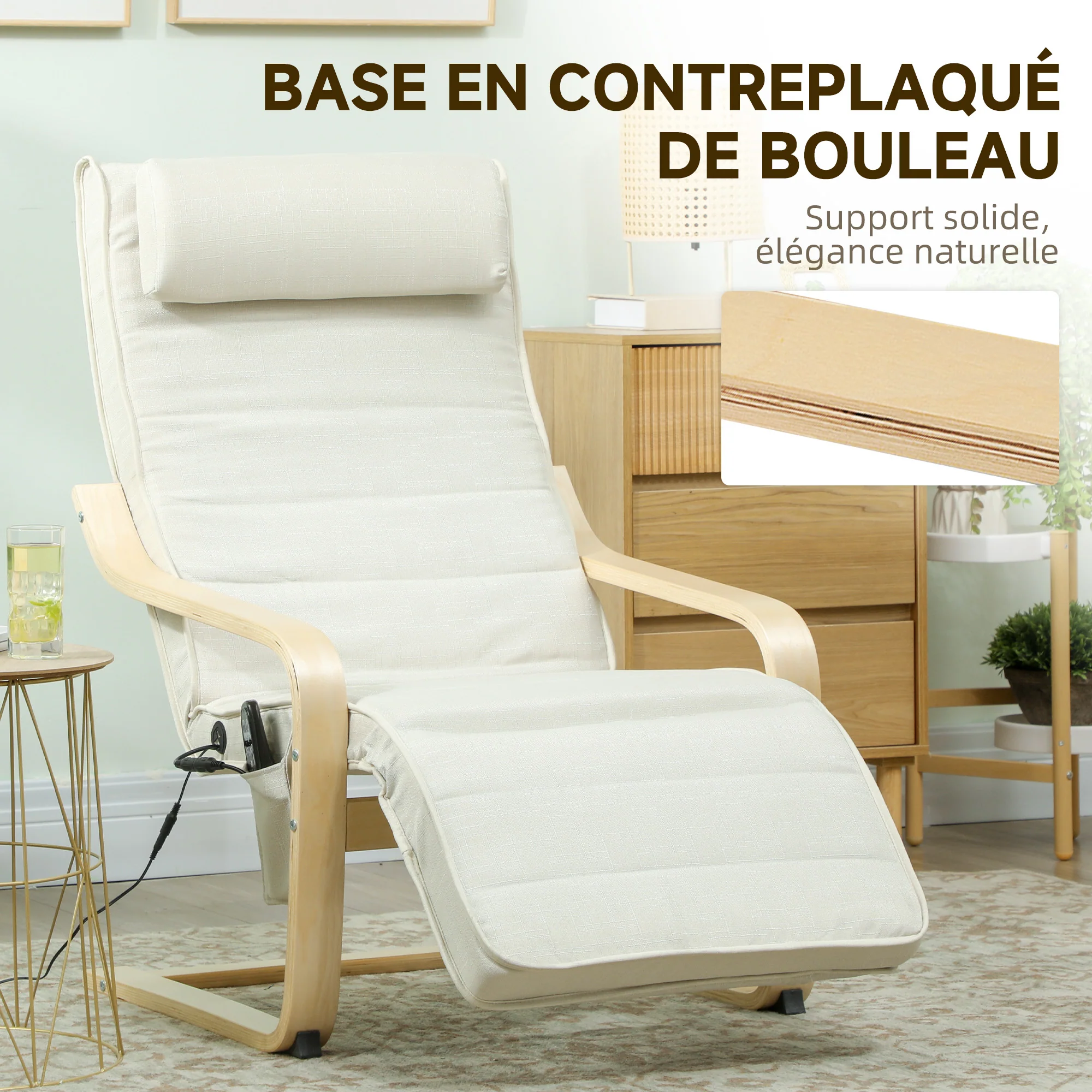 Fauteuil de salon, fauteuil relax massant et chauffant avec dossier haut, appui-tête, repose-pieds réglable, télécommande et poche latérale, tissu aspect lin, pour chambre salon, crème - Image 8