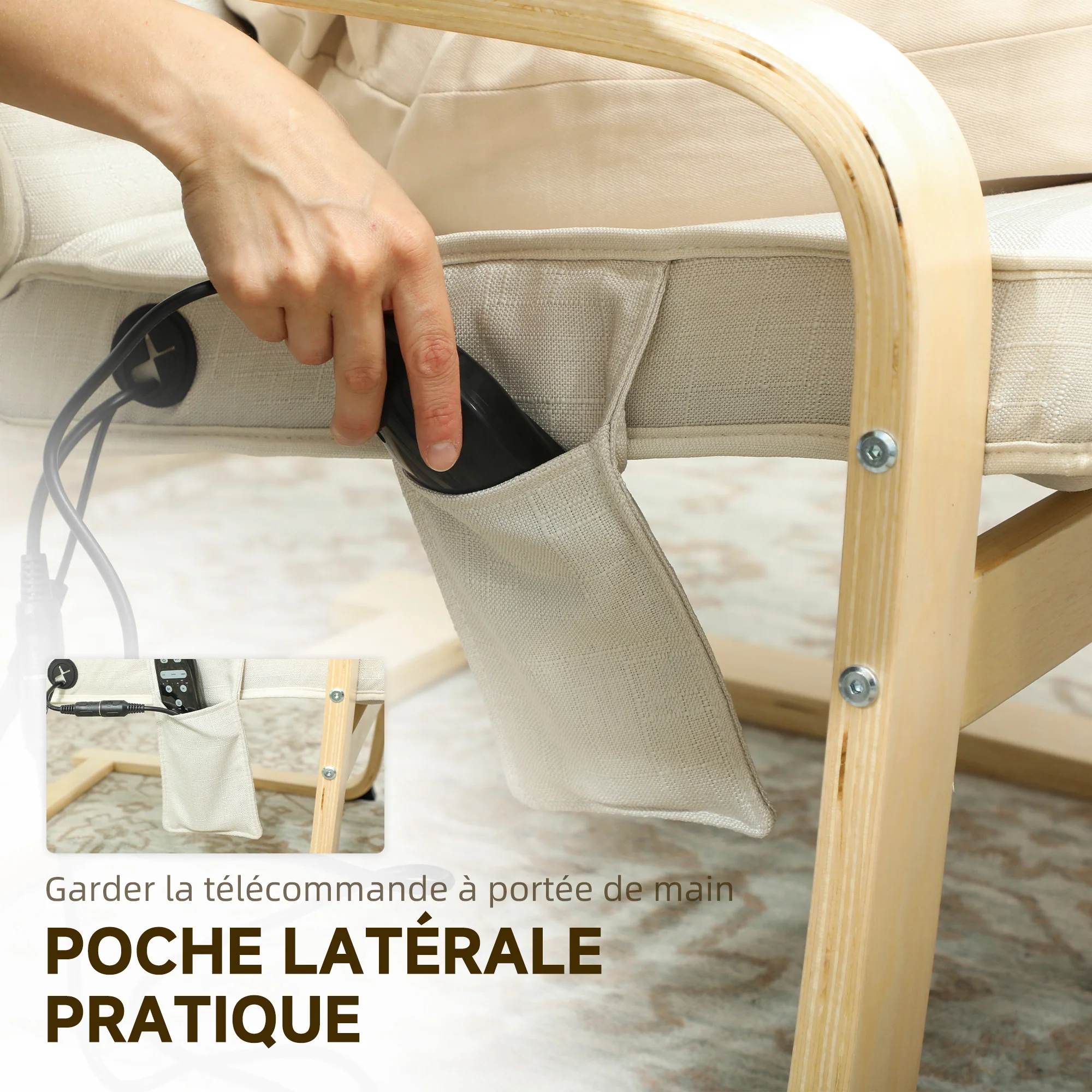 Fauteuil de salon, fauteuil relax massant et chauffant avec dossier haut, appui-tête, repose-pieds réglable, télécommande et poche latérale, tissu aspect lin, pour chambre salon, crème - Image 9
