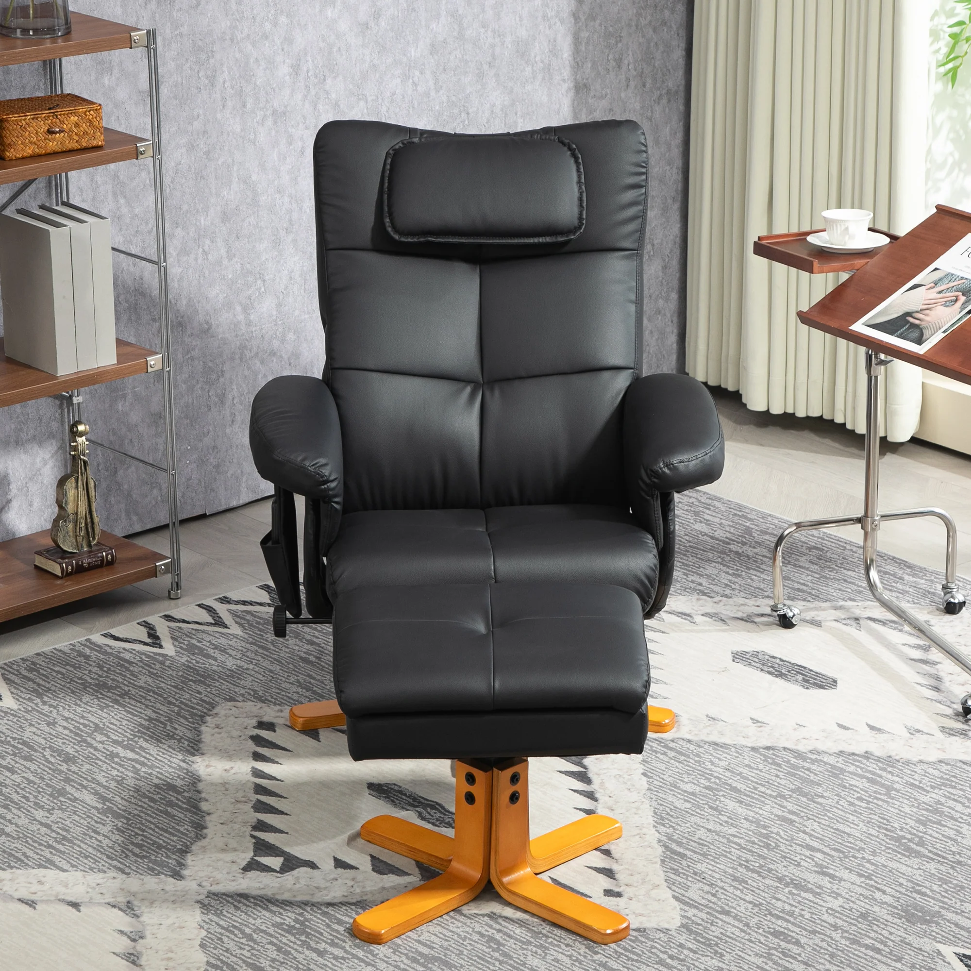 Fauteuil massant avec repose-pied fauteuil relax salon - dossier inclinable jusqu'à 135°, coffre de rangement, appuie-tête et et télécommande - revêtement synthétique noir - Image 10