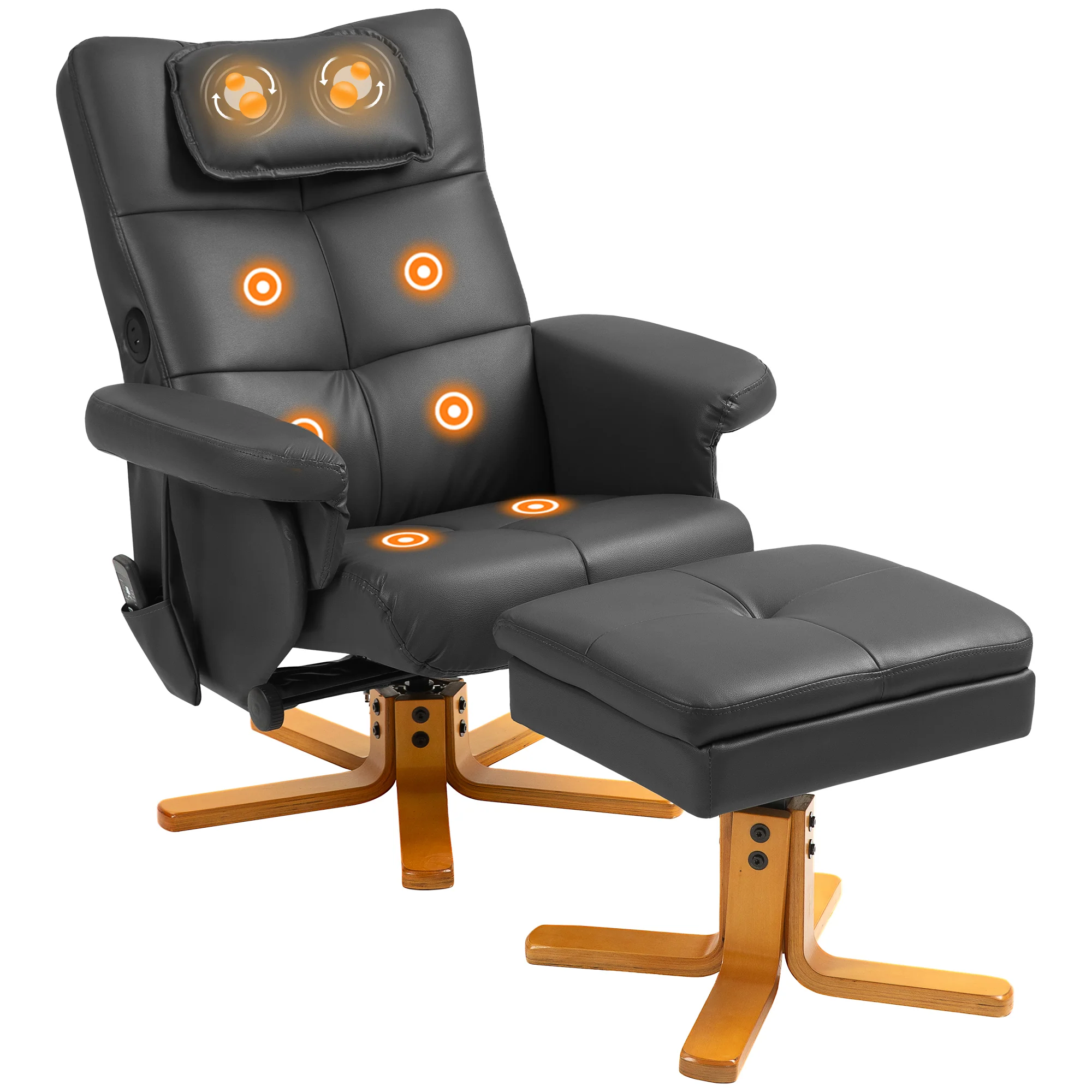 Fauteuil massant avec repose-pied fauteuil relax salon - dossier inclinable jusqu'à 135°, coffre de rangement, appuie-tête et et télécommande - revêtement synthétique noir - Image 11