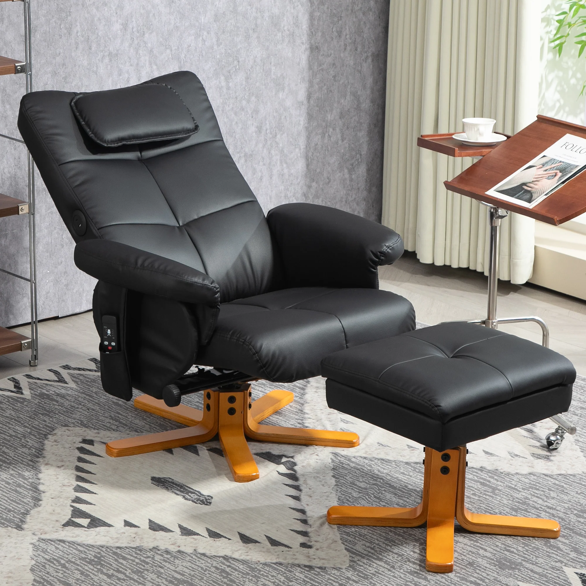 Fauteuil massant avec repose-pied fauteuil relax salon - dossier inclinable jusqu'à 135°, coffre de rangement, appuie-tête et et télécommande - revêtement synthétique noir - Image 3
