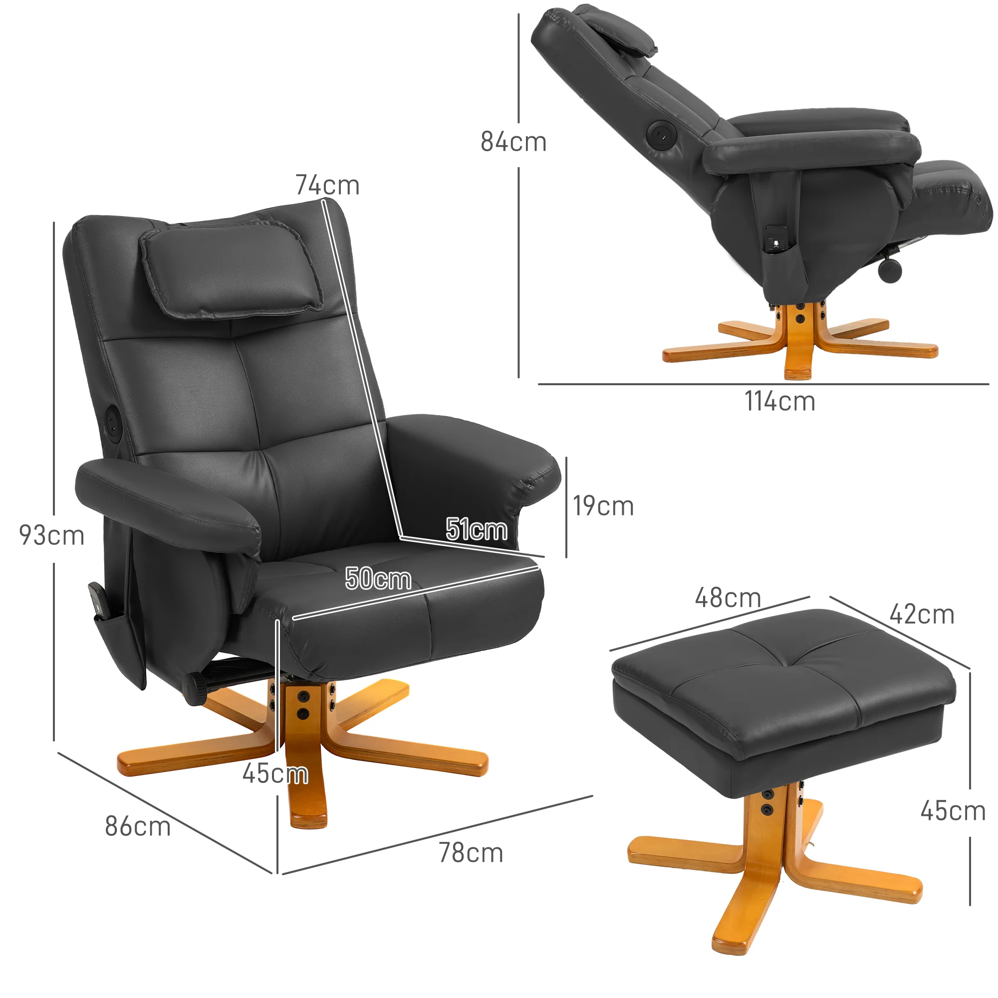 Fauteuil massant avec repose-pied fauteuil relax salon - dossier inclinable jusqu'à 135°, coffre de rangement, appuie-tête et et télécommande - revêtement synthétique noir - Image 4
