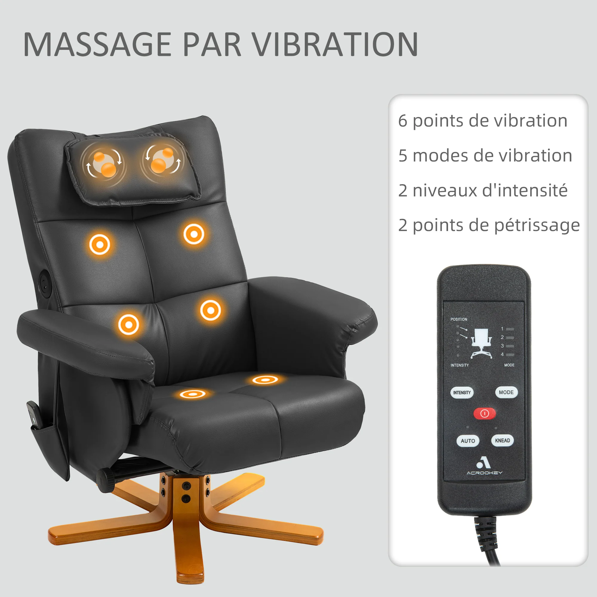 Fauteuil massant avec repose-pied fauteuil relax salon - dossier inclinable jusqu'à 135°, coffre de rangement, appuie-tête et et télécommande - revêtement synthétique noir - Image 5