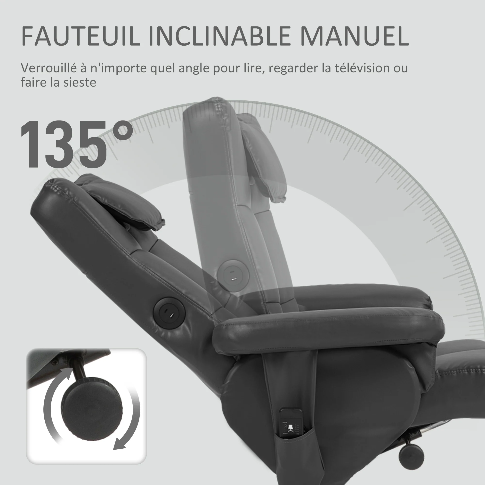 Fauteuil massant avec repose-pied fauteuil relax salon - dossier inclinable jusqu'à 135°, coffre de rangement, appuie-tête et et télécommande - revêtement synthétique noir - Image 6