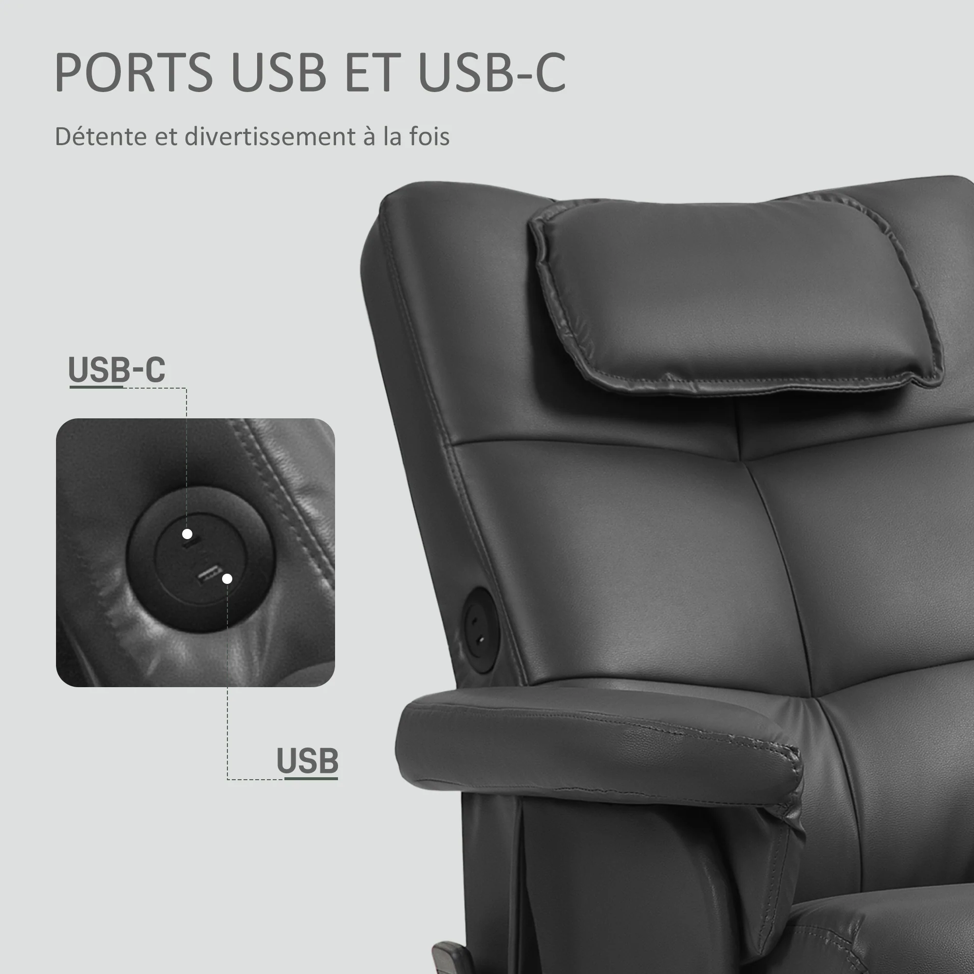 Fauteuil massant avec repose-pied fauteuil relax salon - dossier inclinable jusqu'à 135°, coffre de rangement, appuie-tête et et télécommande - revêtement synthétique noir - Image 8