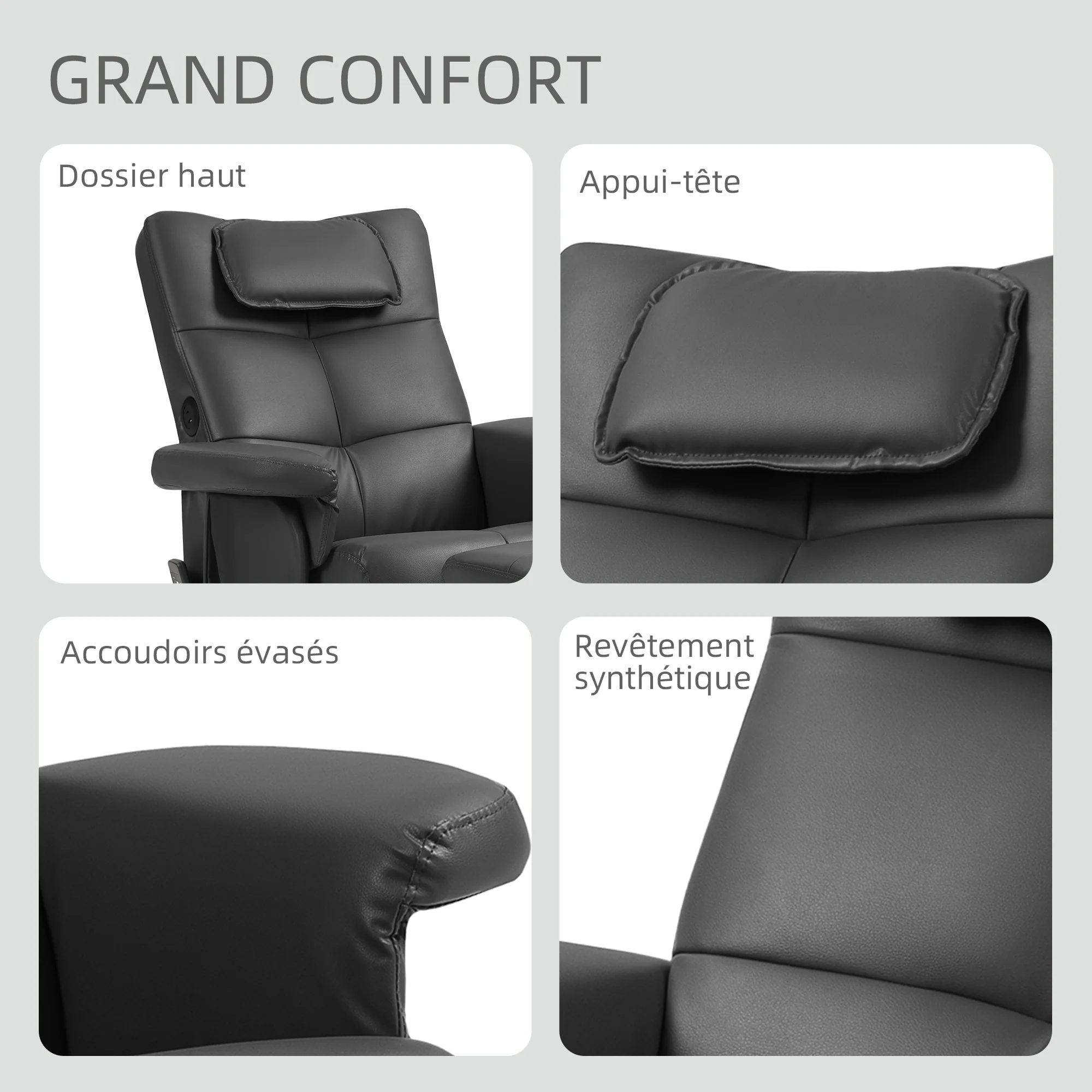 Fauteuil massant avec repose-pied fauteuil relax salon - dossier inclinable jusqu'à 135°, coffre de rangement, appuie-tête et et télécommande - revêtement synthétique noir - Image 9