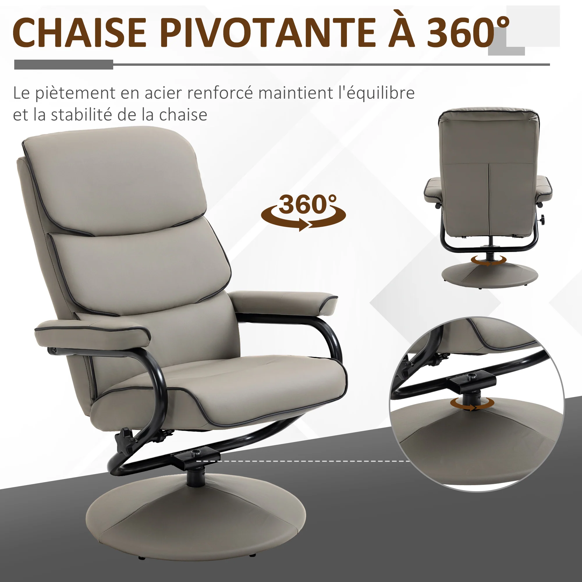 Fauteuil relax avec pouf, fauteuil TV avec dossier inclinable, siège pivotant à 360°, assise rembourrée confortable, jusqu'à 130 kg, pour salon, chambre, gris - Image 6