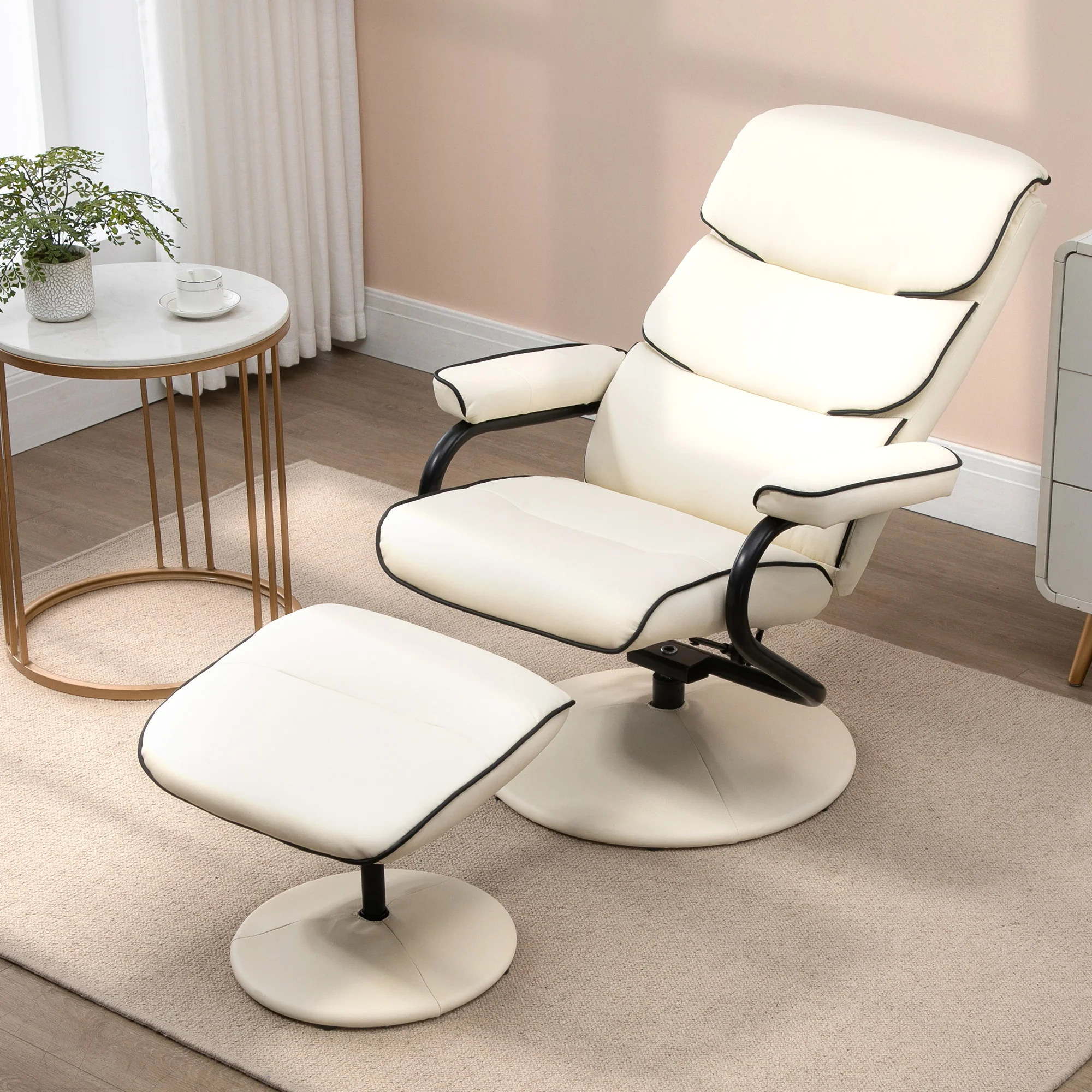 Fauteuil relax avec pouf, fauteuil TV avec dossier inclinable, siège pivotant à 360°, assise rembourrée confortable, jusqu'à 130 kg, pour salon, chambre, crème - Image 3