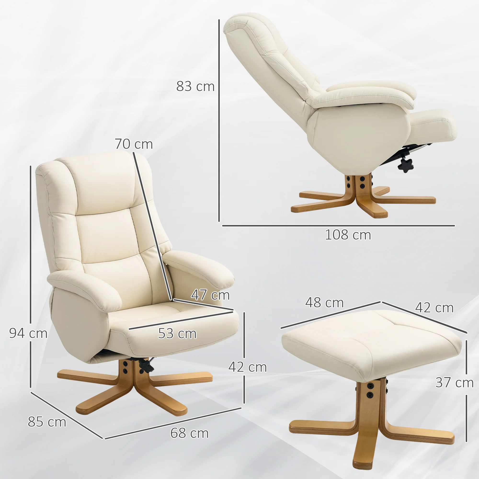 Fauteuil relax avec repose-pied fauteuil de relaxation chaise relaxant pivotant 360° et dossier inclinable chaise TV charge jusqu'à 120 Kg pour salon, chambre, bureau, crème - Image 4