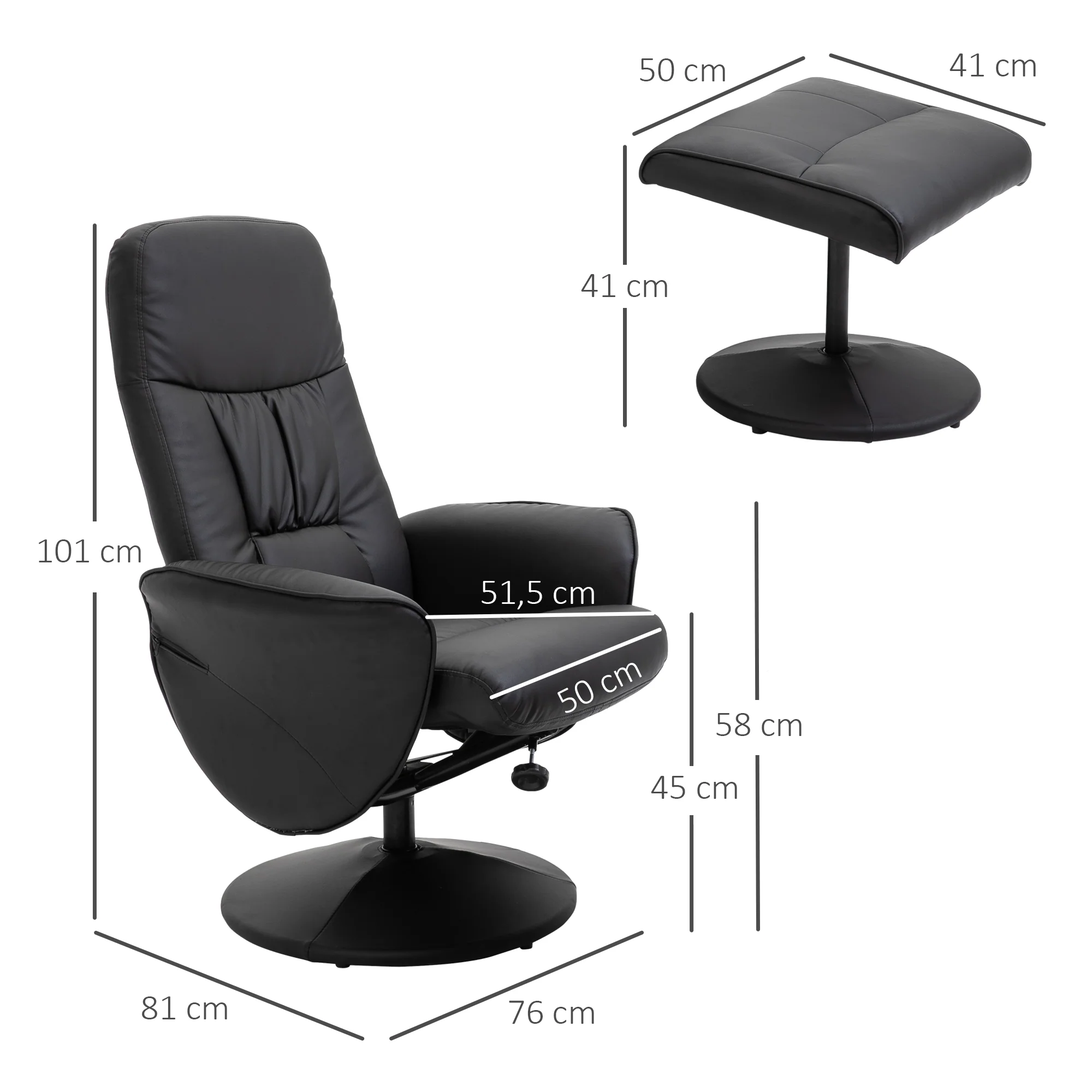 Fauteuil relax avec repose-pied fauteuil de relaxation relaxant pivotant 360° et dossier inclinable pour TV supportant jusqu'à 120 Kg revêtement synthétique métal noir - Image 4