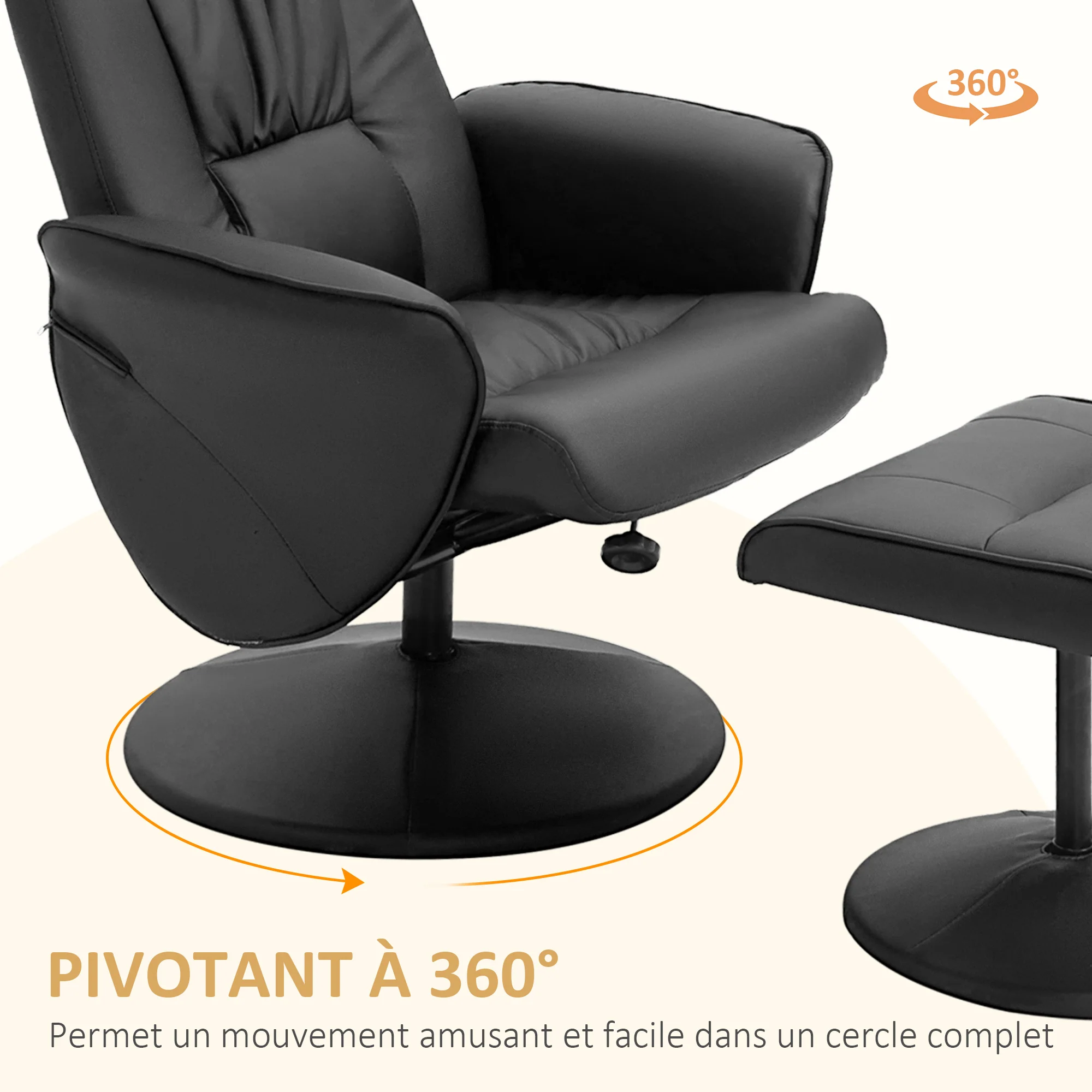 Fauteuil relax avec repose-pied fauteuil de relaxation relaxant pivotant 360° et dossier inclinable pour TV supportant jusqu'à 120 Kg revêtement synthétique métal noir - Image 6
